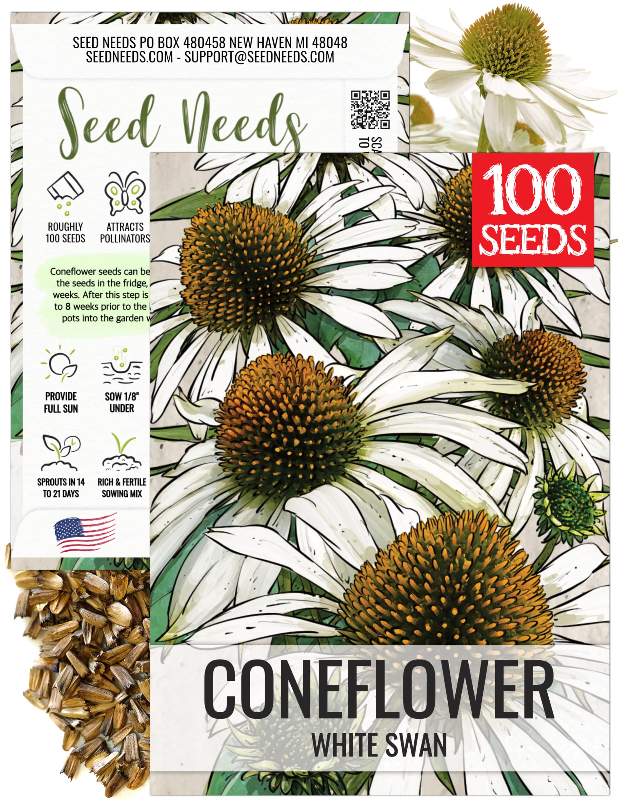 Seed Needs White Swan Coneflower Seeds for Planting Echinacea - Heirloom & Open Pollinated Perennial Flower - Attract Pollinators to a Butterfly Garden (1 Pack)