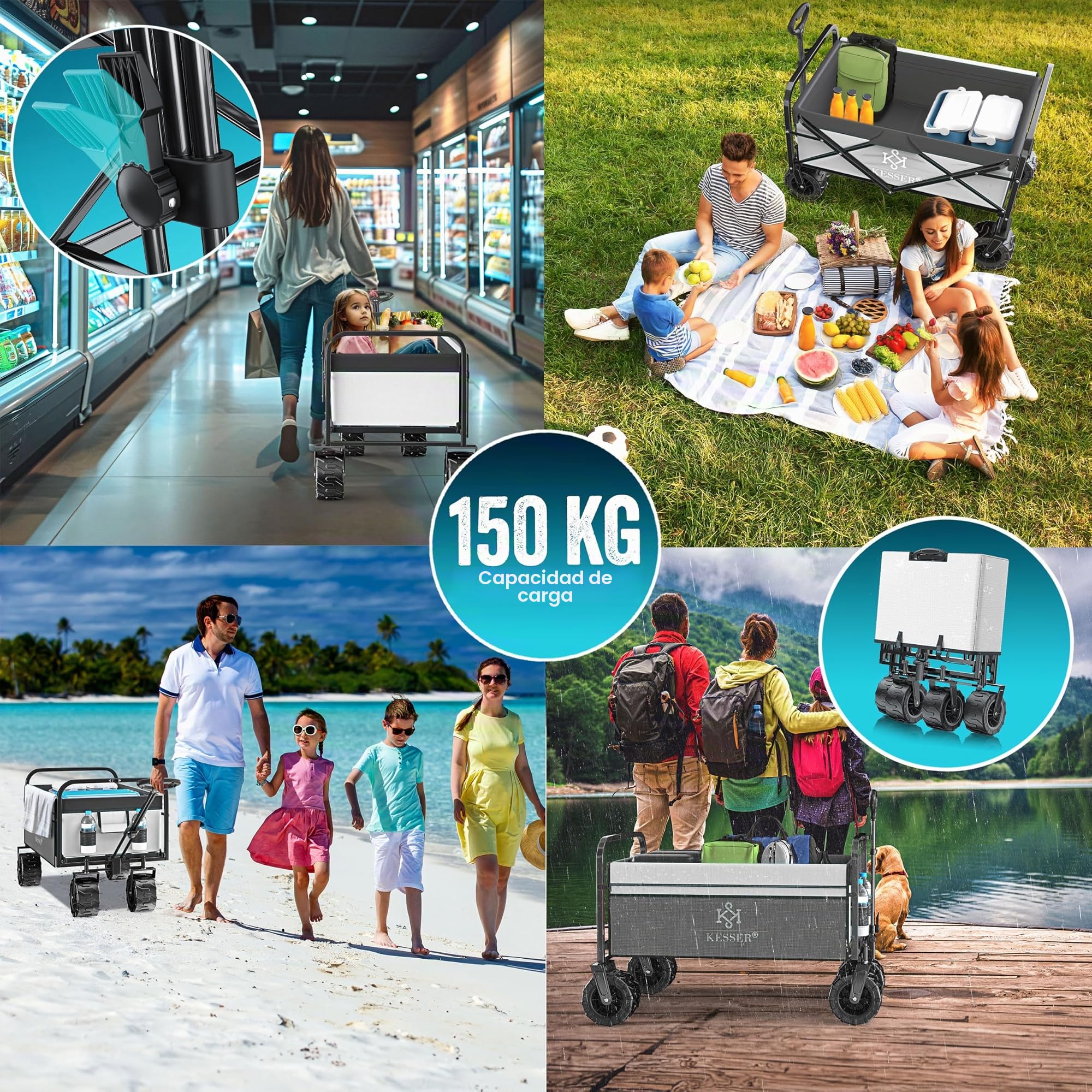 KESSER Carro Plegable de hasta 150 kg, Soporte hasta 150 kg, Neumáticos de Goma Maciza, Carro de Mano, Carro de Transporte, Remolque de Jardín Plegable