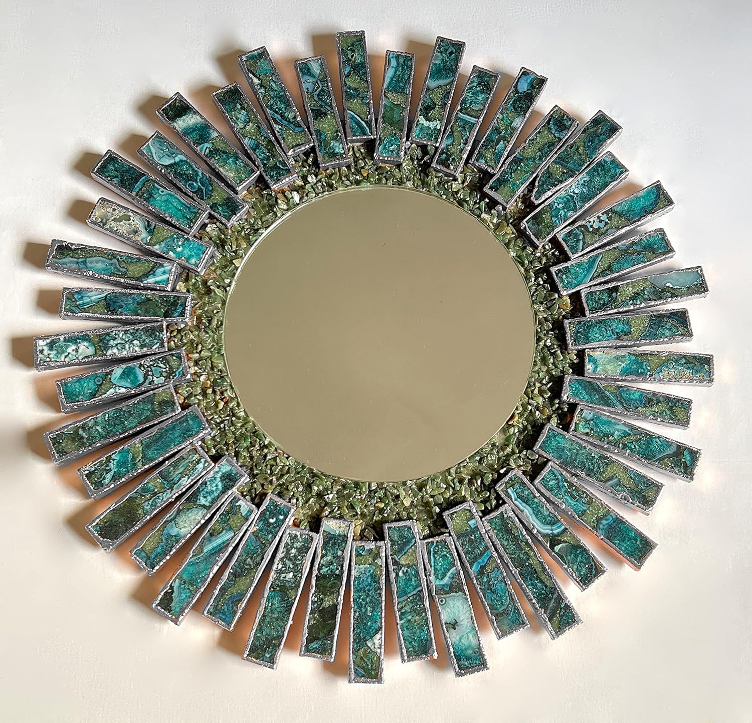 Starburst - Handmade 20" Round Agate Mirror with Blue Green Agate Crystal Gemstones - Silver