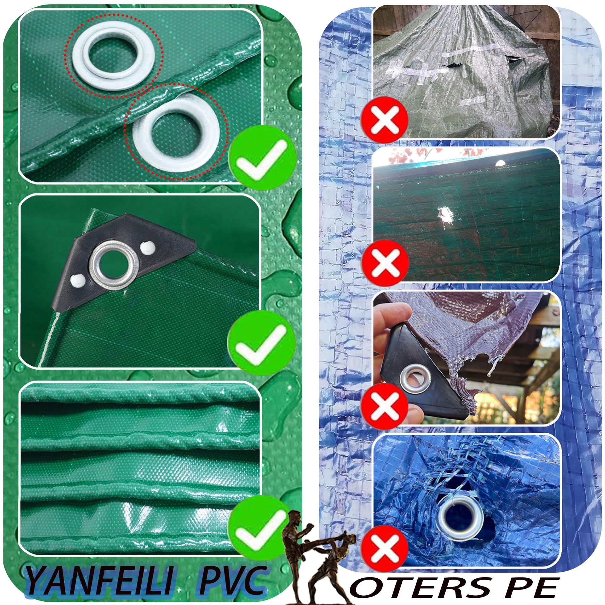 YANFEILI Telone Rinforzato,2x2.5m 520g/m² telo PVC con Occhielli telo in tessuto e protettivo,telone rinforzato occhiellato verde