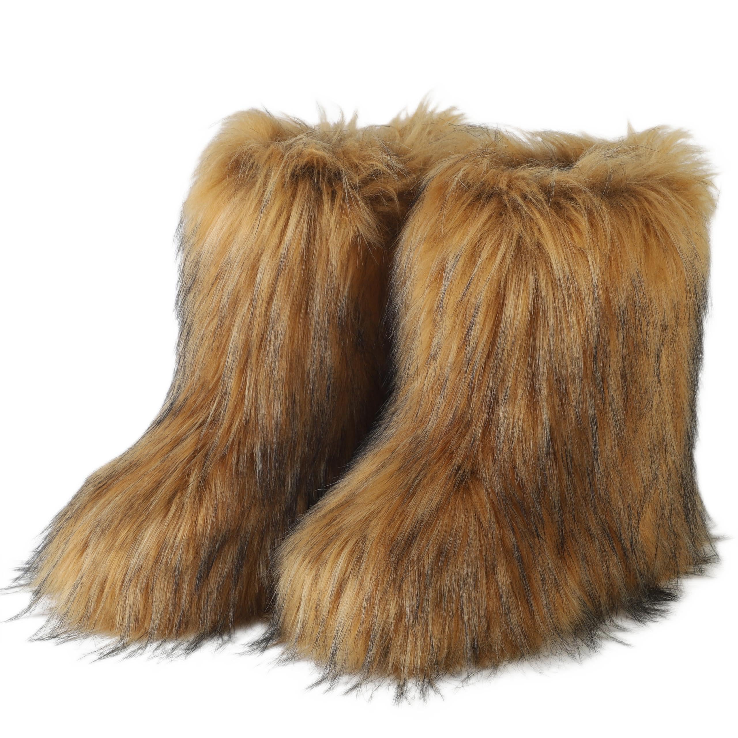 HIPRETTYUS Women's Faux Fur Boot, Round Toe Suede, Warm Snow Comfy Plush Short Flat Mid-Calf Furry Fluffy Boots