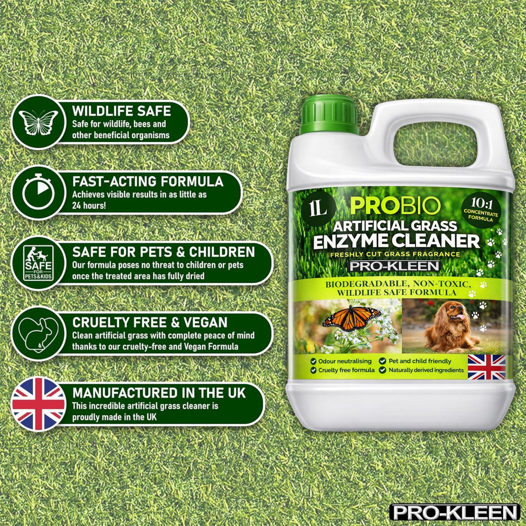 Pro-Kleen ProBio Nettoyant pour gazon artificiel à base de probiotiques Désodorisant Éliminateur d'odeurs 1 L Non toxique Sans cruauté envers les animaux Pour les enfants et les animaux domestiques