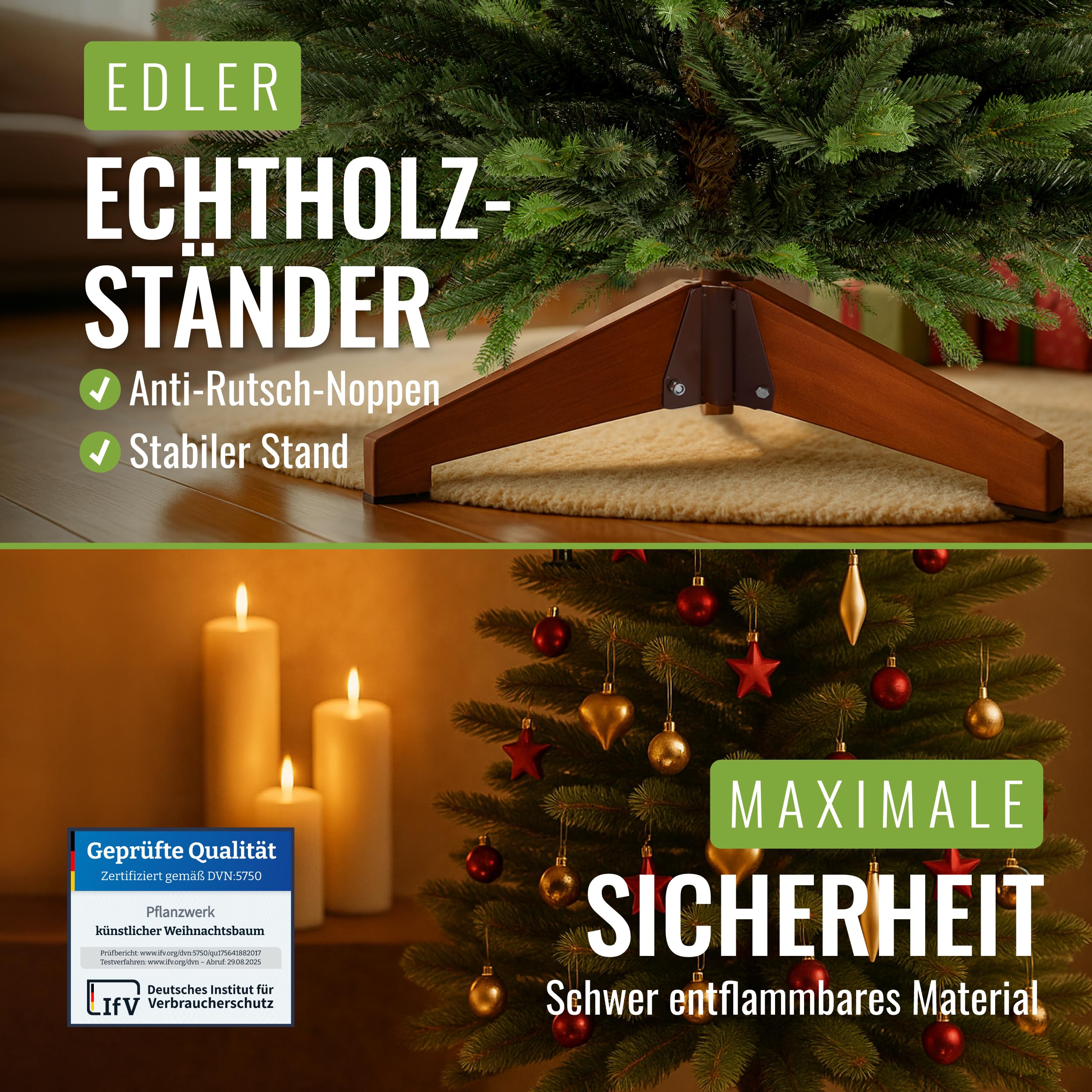 PFLANZWERK® Premium KÜNSTLICHER Weihnachtsbaum NORDMANNTANNE mit Christbaum Holzständer 180cm - TESTSIEGER - NACHHALTIG - GARANTIE - Tannenbaum mit naturgetreuen Nadeln und Zweigen ohne Beleuchtung