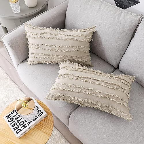 Miniatura 2 de Juego de 2 fundas de almohada lumbares decorativas de lino a rayas jacquard para sofá, sala de estar, dormitorio, 12 x 20 pulgadas (sin rellenos)