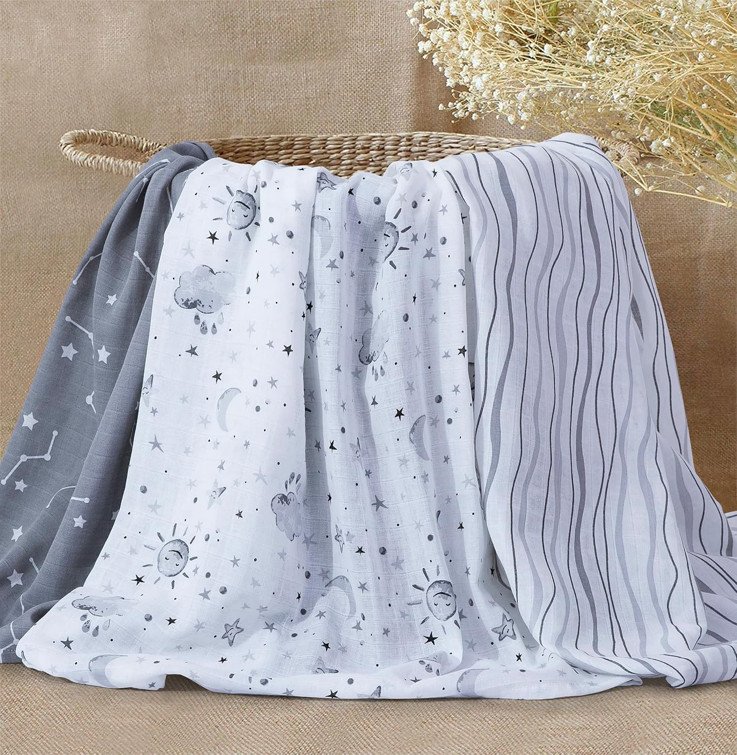 Little Grape Land Muslin Swaddle Blankets 47''x47'' 3 Pack, 100% Cotton Large Size Baby Swaddles for Newborn, Soft Breathable Baby Blankets for Newborns, Stars/Grey - Image 4