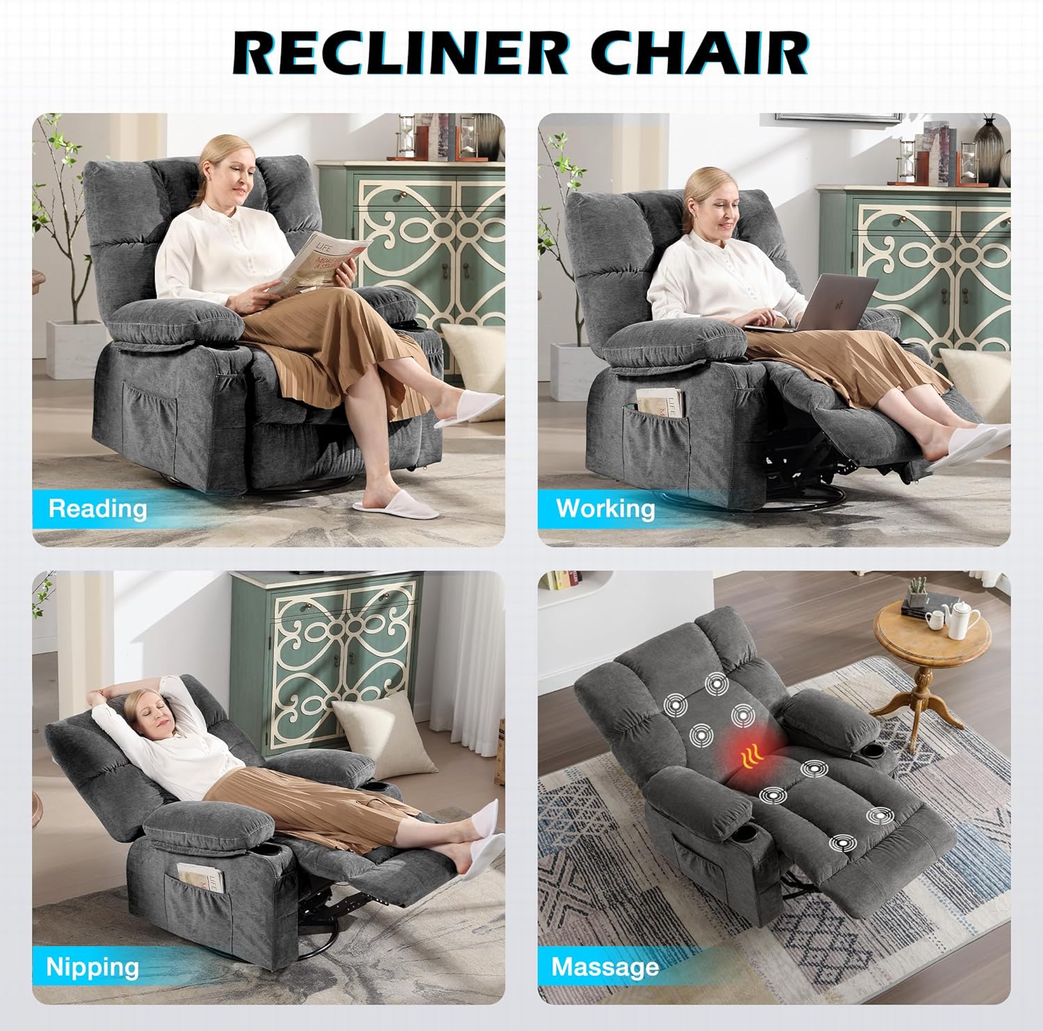 MAHOMICO Recliner Chair Oversized Swivel Rocker with Vibration Massage & Lumbar Heating, 360° Swivel, USB Charging Port, Cup Holders & Side Pocket for Living Room