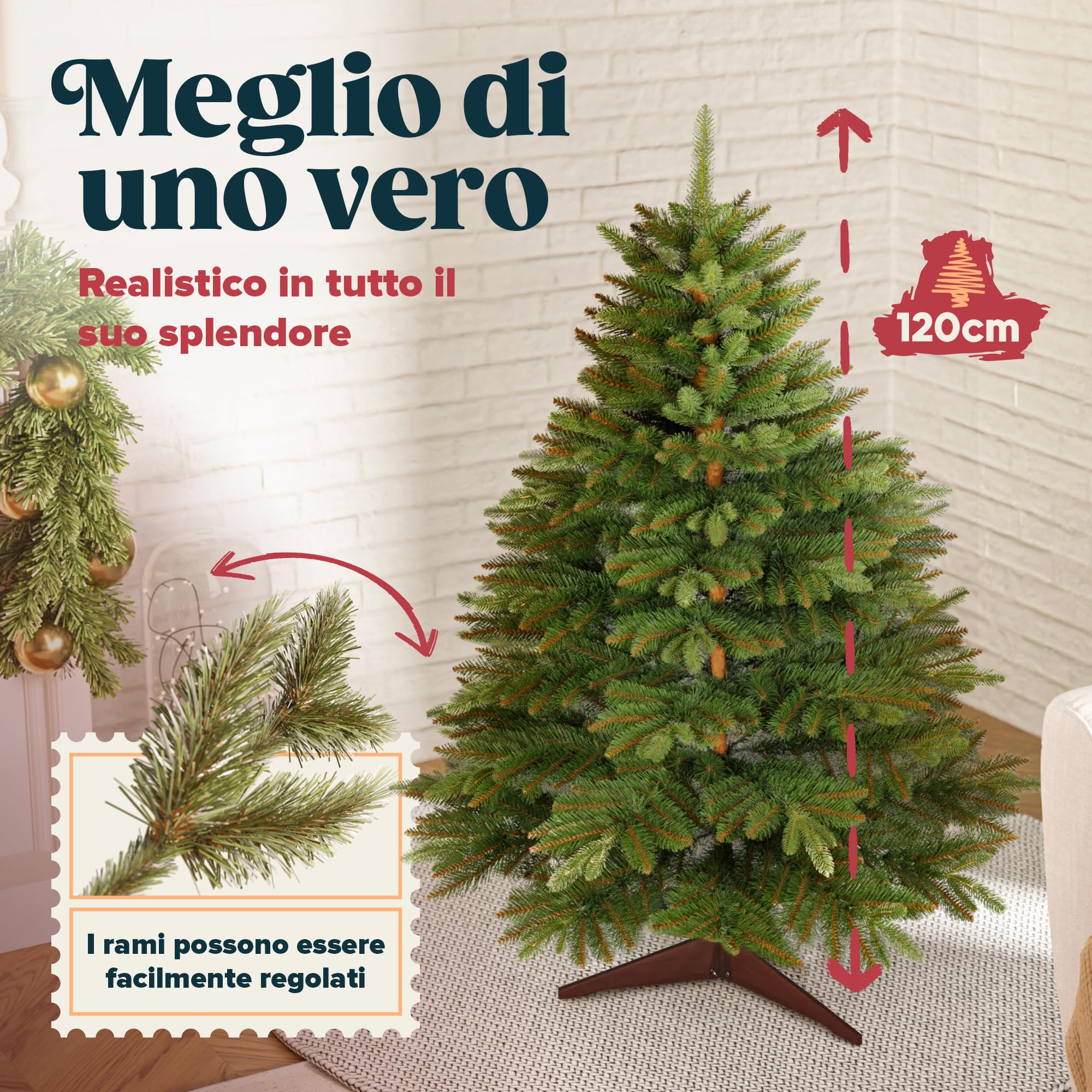 Albero di Natale Artificiale Premium 120cm – Rami Realistici e Densi, con Supporto in Legno e Borsa per il Trasporto – Albero Artificiale di Pure Living