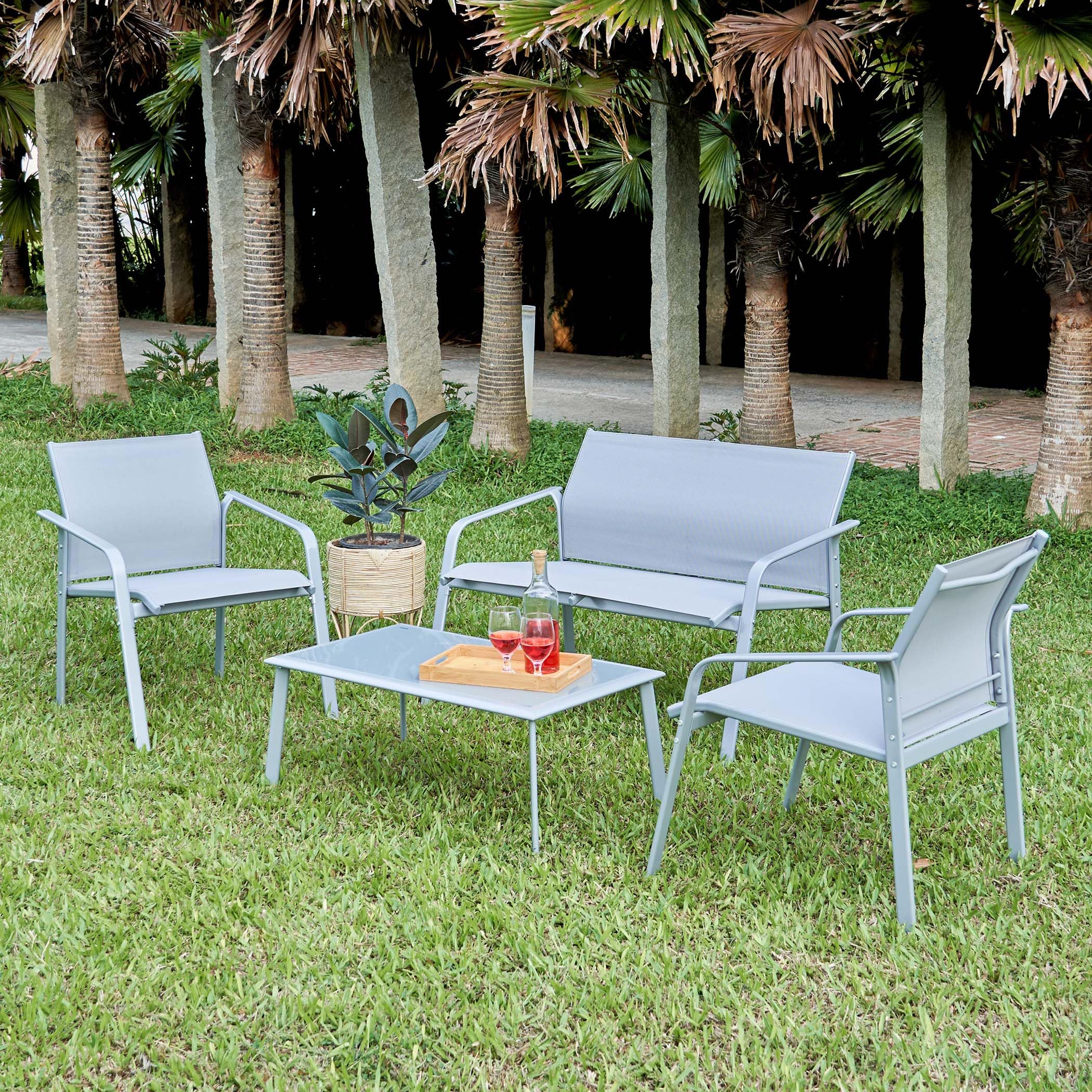 Home Centre Hawai Glass Top 2+1+1 Seater Outdoor Tea Set - Grey