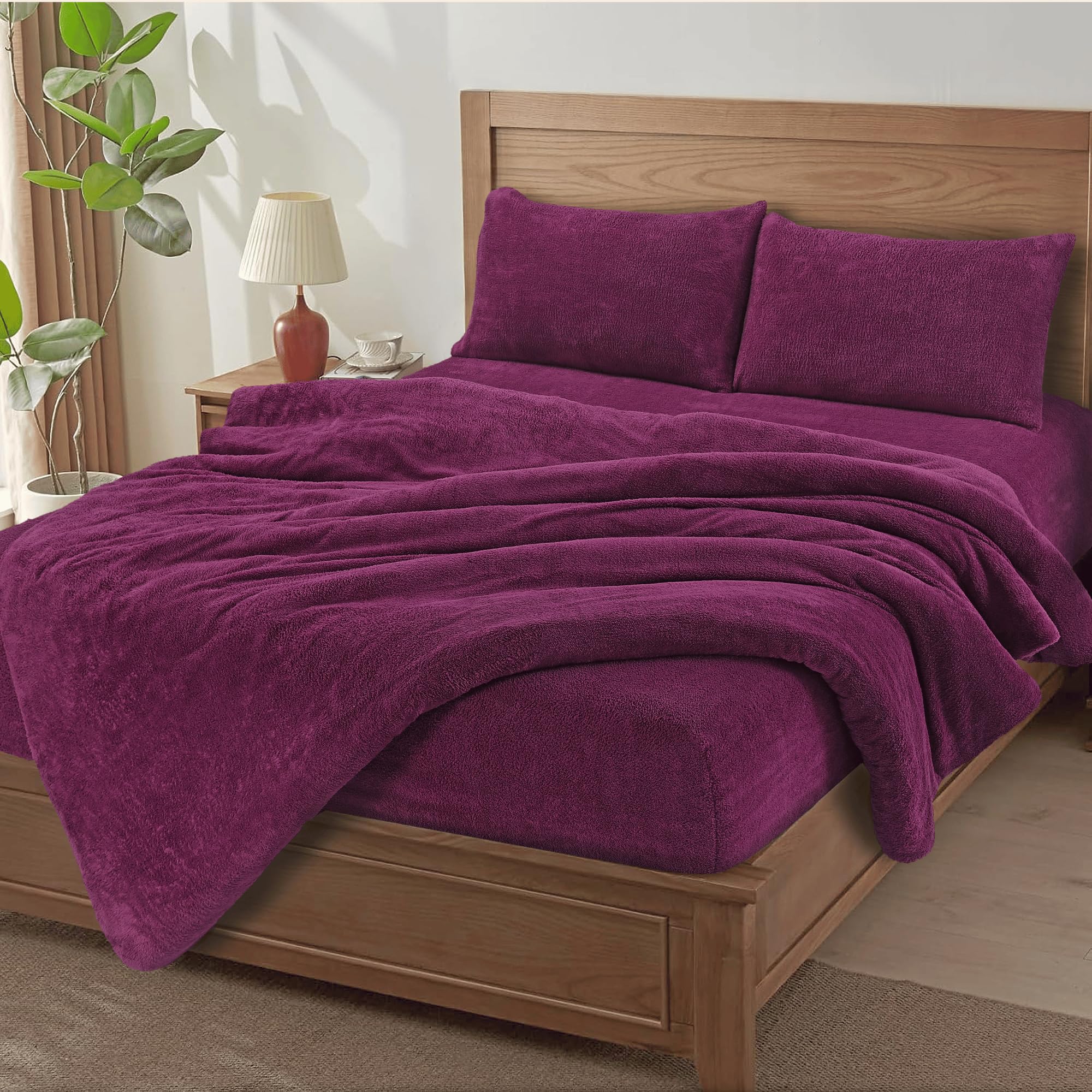 MH Home Soft Teddy Fleece Duvet Cover Breathable, Comfortable & Durable Bedding Cover Cosy, Easy-Care Terry Duvet Cover for Everyday Use (Puprle, Double)