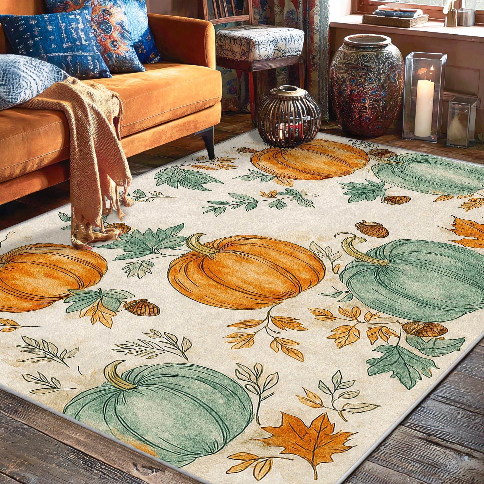 Tapis citrouille d'automne orange de 1,5x2,1 m pour salon et chambre