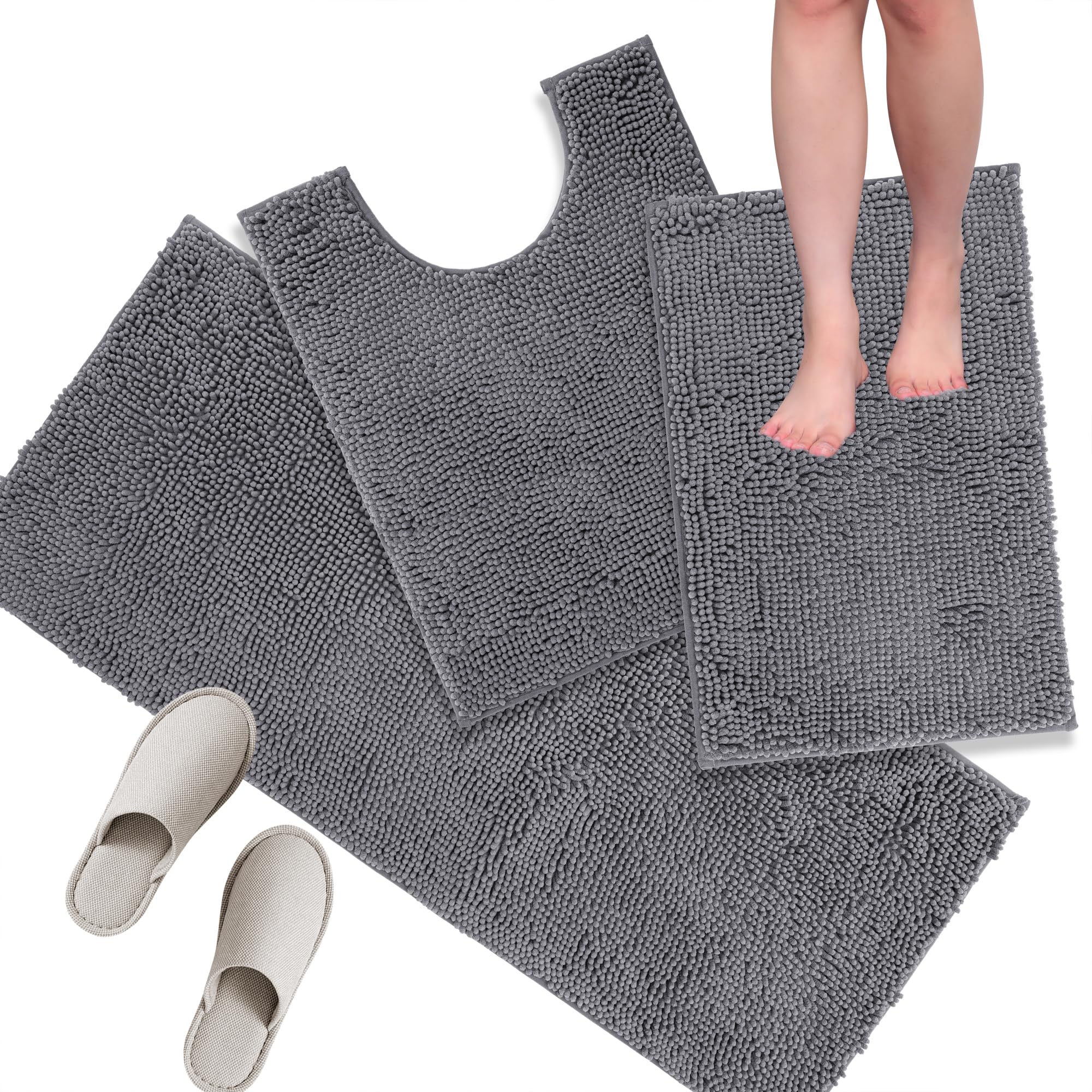 YAZTORBA Bathroom Rugs Sets 3 Piece, 48x20 + 24x16 + U Shape 24x20, Premium Thick Comfort Bathroom Rug Sets, Dark Grey Soft Bathroom Rugs Non Slip Washable Absorbent for Bathroom Floor, Tub, Shower