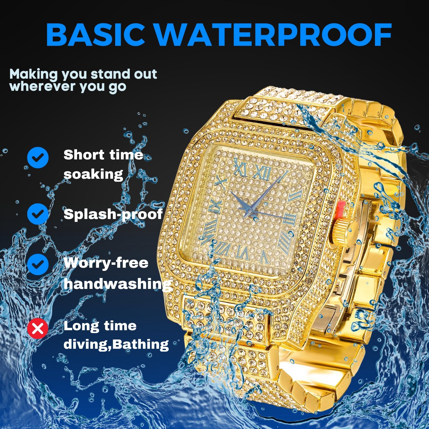 Halukakah Moissanit-Diamant Uhr für Männer – THE Kingdom - 18k Echtgold/Platin Weißgold Plattiert,Schweizer Quarz Römische Ziffern Quadratisches Zifferblatt,22cm Armband,Optional mit Cuban-Link Kette
