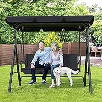 GARTOO 3-Seat Porch Swing with Adjustable Canopy & Durable Steel Frame - Black Outdoor Patio Garden Swing