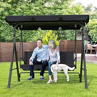 3-Seat Patio Swing Chair,Outdoor Porch Swing with Adjustable Canopy and ...