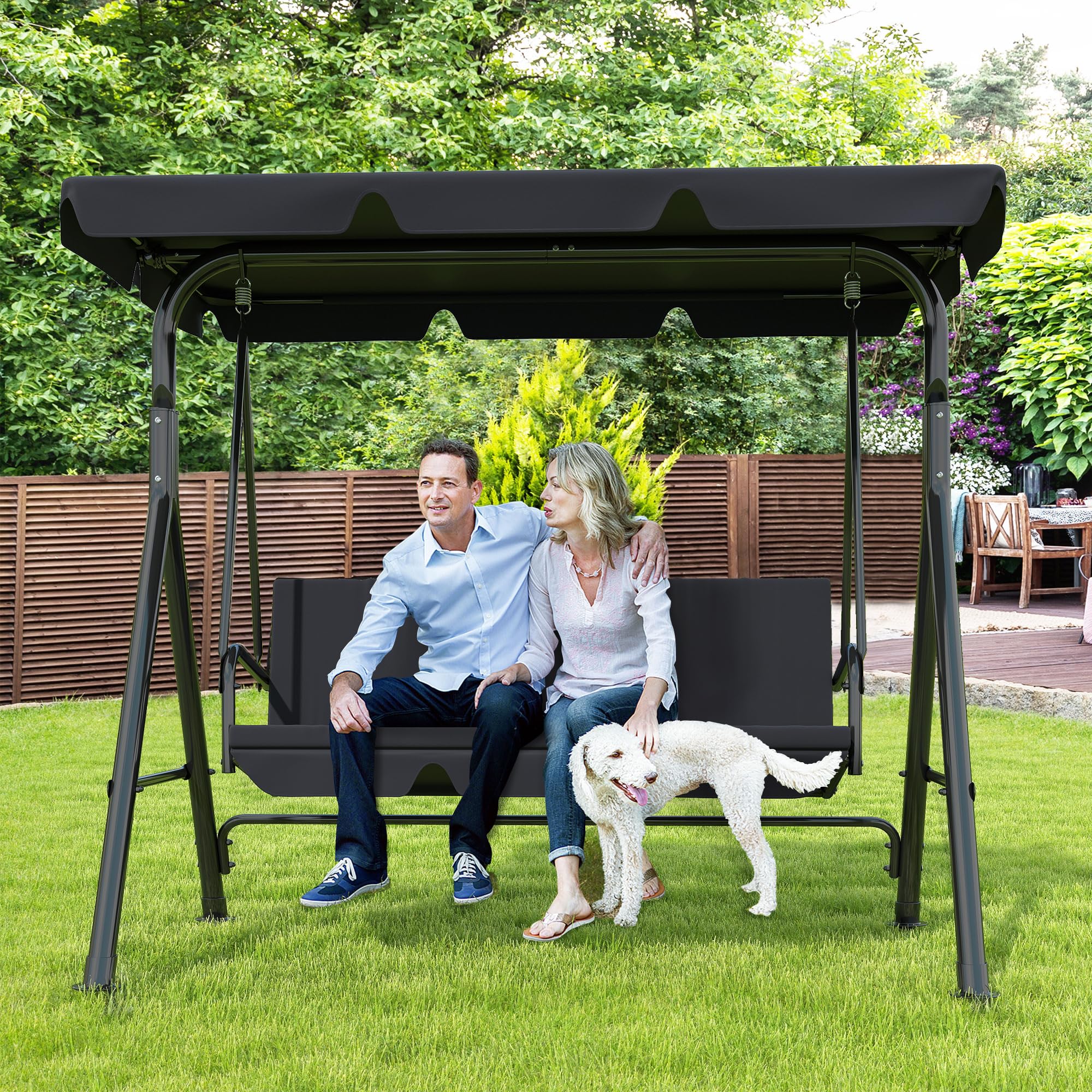 3-Seat Patio Swing Chair,Outdoor Porch Swing with Adjustable Canopy and Durable Steel Frame for Patio, Garden, Poolside (Black)