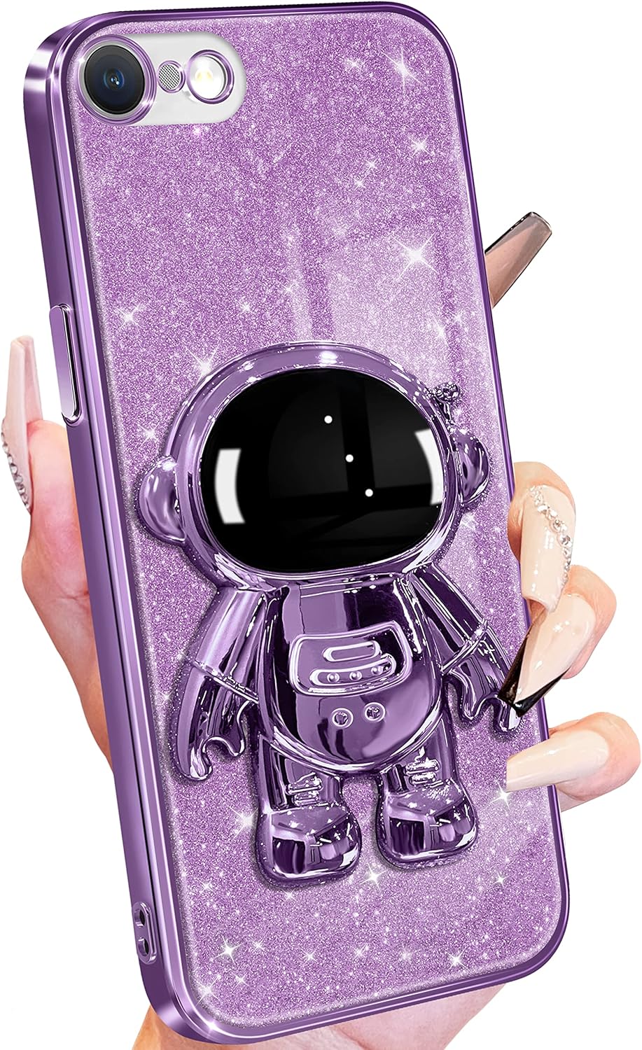 Buleens for iPhone SE 2022/ SE 2020/8/7 Case Astronaut, Clear Cases with Glitter Paper & Spaceman Stand, Women Girls Cute Electroplated Sparkly Space Phone Cover for SE 2022/ SE 2020/8/7 Purple