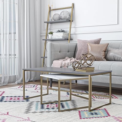 Miniatura 9 de CosmoLiving by Cosmopolitan Scarlett - Mesas auxiliares y café anidables, mármol gris grafito y blanco, gris grafito