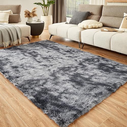 Floralux Large Shag Area Rug 6x9 (Tie-Dyed Dark Grey)