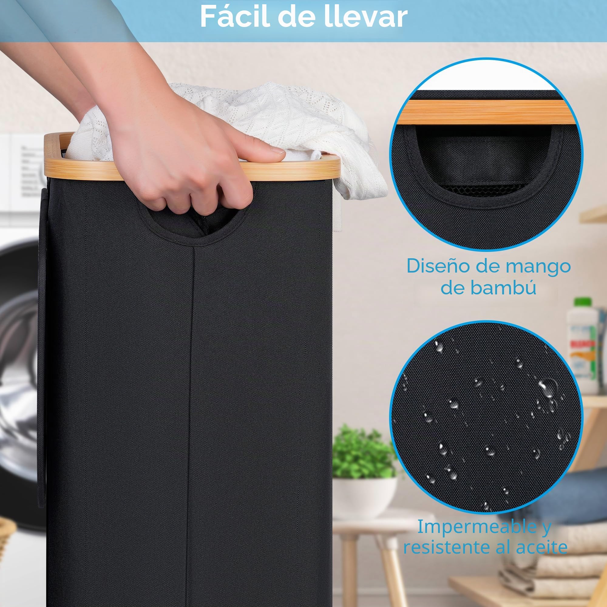 efluky Cesto de Ropa Sucia con Ruedas, Cesto de Ropa Sucia Plegable de 75L con Tapa, Cesta de Ropa Sucia Plegable con Asas de Bambú y Bolsa Extraíble para Dormitorio, Baño, Lavadero