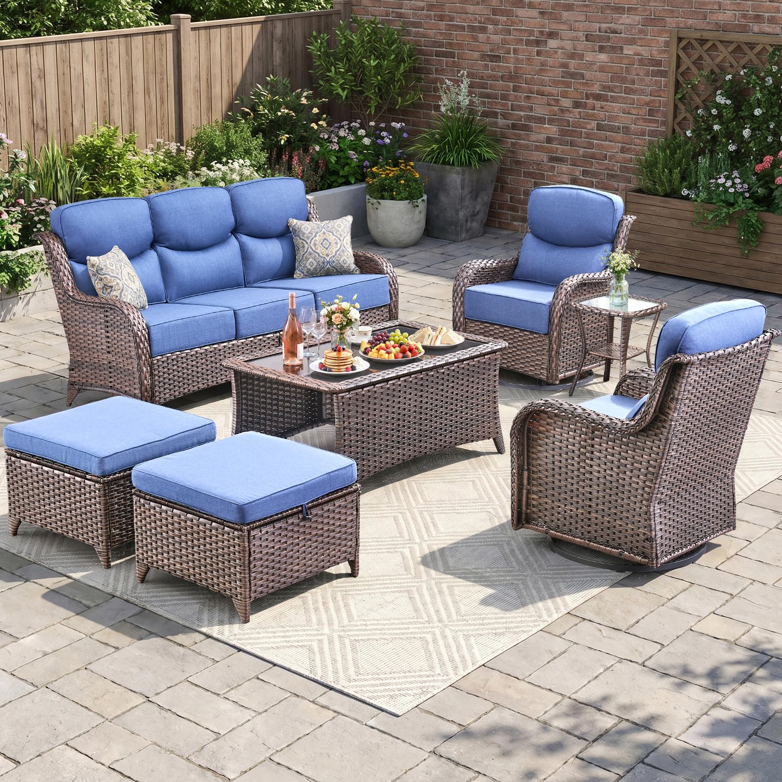 Luxury Patio Furniture Set 7pcs with 6-inch Cushion, Outdoor Furniture with Coffee Table, Swivel Chairs, Sofa, Side Table, Ottomans, Patio Set for Deck Yard and Poolside Brown Wicker | Blue Cushions