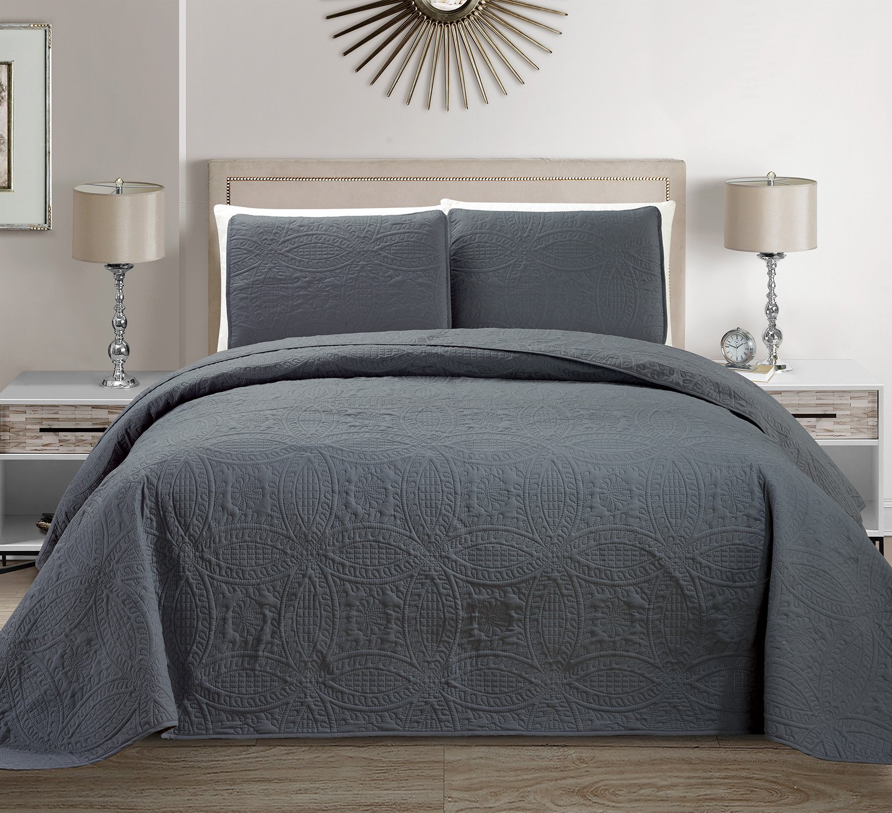 MK HomeCollection 3 pc Solid Embossed Bedspread Bed-cover Over size Dark Grey New King/California King Over size 118" x 106"