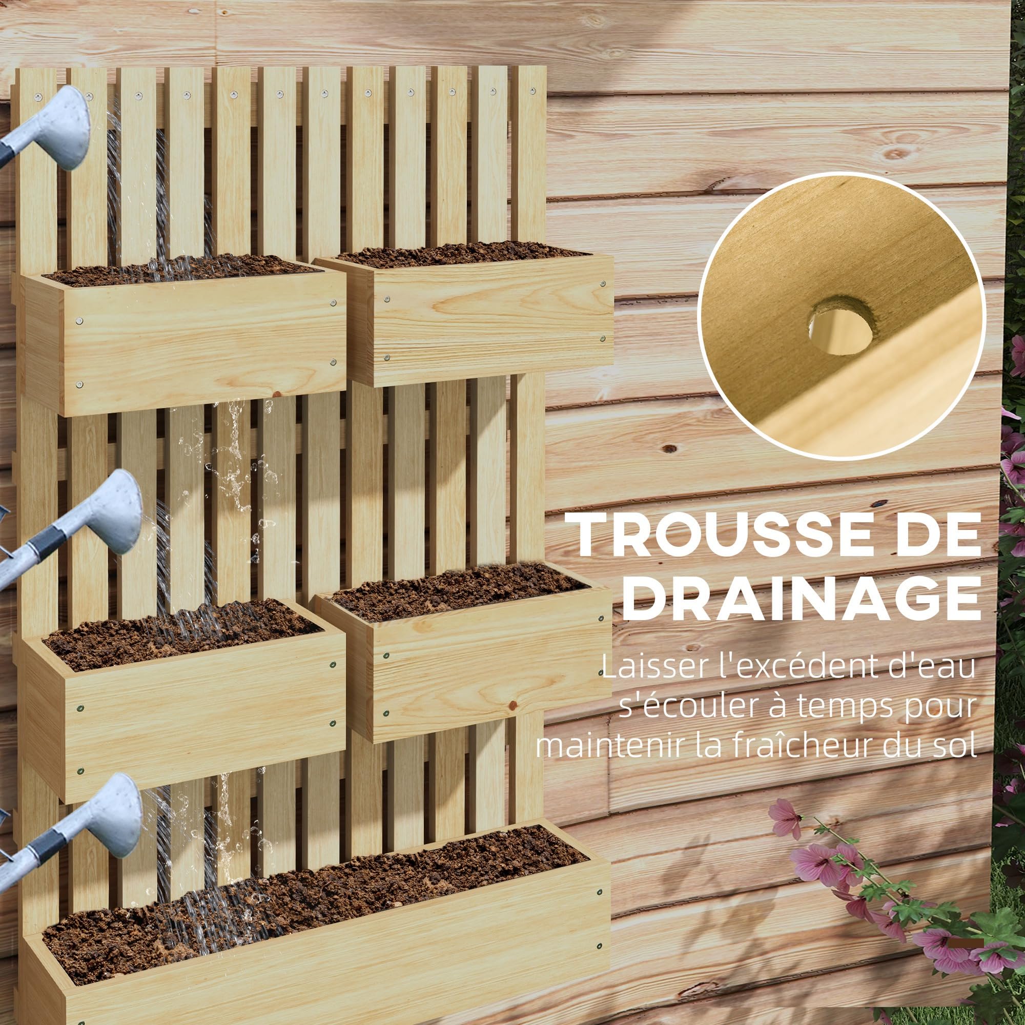 Outsunny Jardinière Murale Potager avec 5 bacs en Bois Massif Amovibles, Tissu Non tissé, 60 x 16 x 100 cm, Naturel