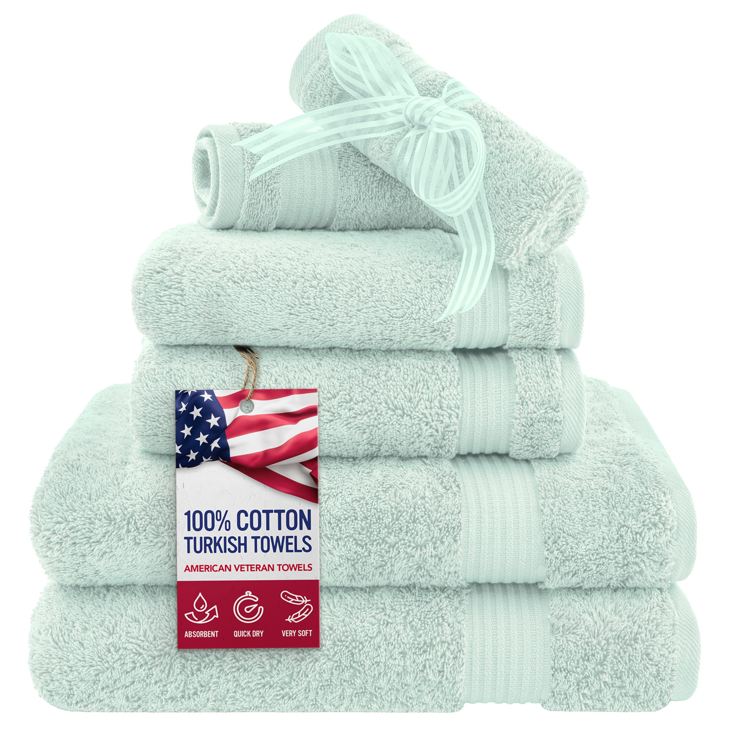 American Veteran Towel, 6 Piece Towel Set for Bathroom, 100% Cotton Turkish Bathroom Towels, 2 Bath Towels 2 Hand Towels 2 Washcloths, Mint