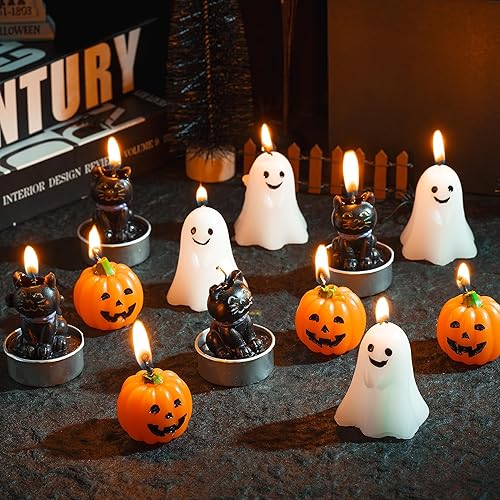 CNhoqc Mini velas de Halloween – 12 velas de cera con forma de gato negro con forma de calabaza, equipo de iluminación para el hogar, cocina, mesa,