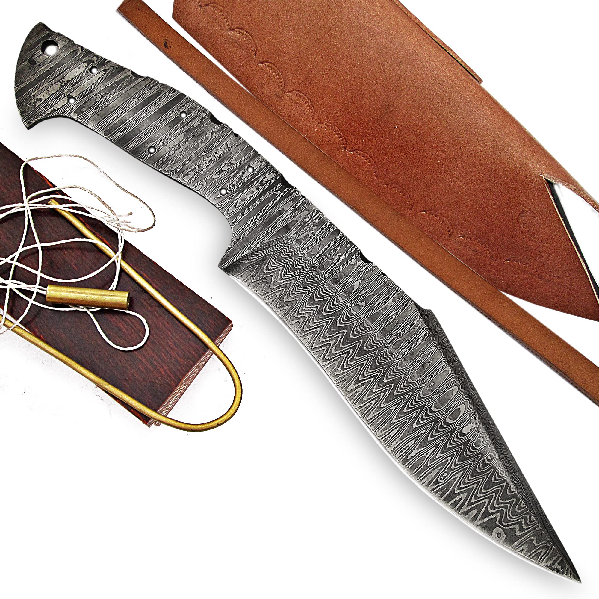 ColdLand Knives Damascus Knife Making Kit DIY Handmade Damascus Steel includes Blank Blade, Pins, Leather Sheath, Handle Scales for Knife Making Supplies HSMK01