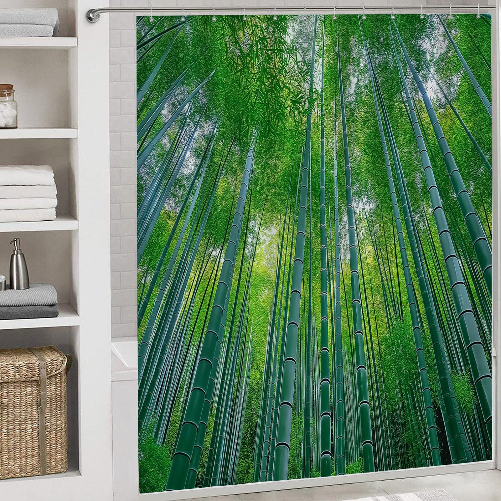 Cortina de Ducha con impresión Digital de Naturaleza Bosque De Bambú. Cortina de Baño con Hoja,240x200cm Impermeable Cortinas de Ducha con 12 Ganchos Tela de poliéster para baño