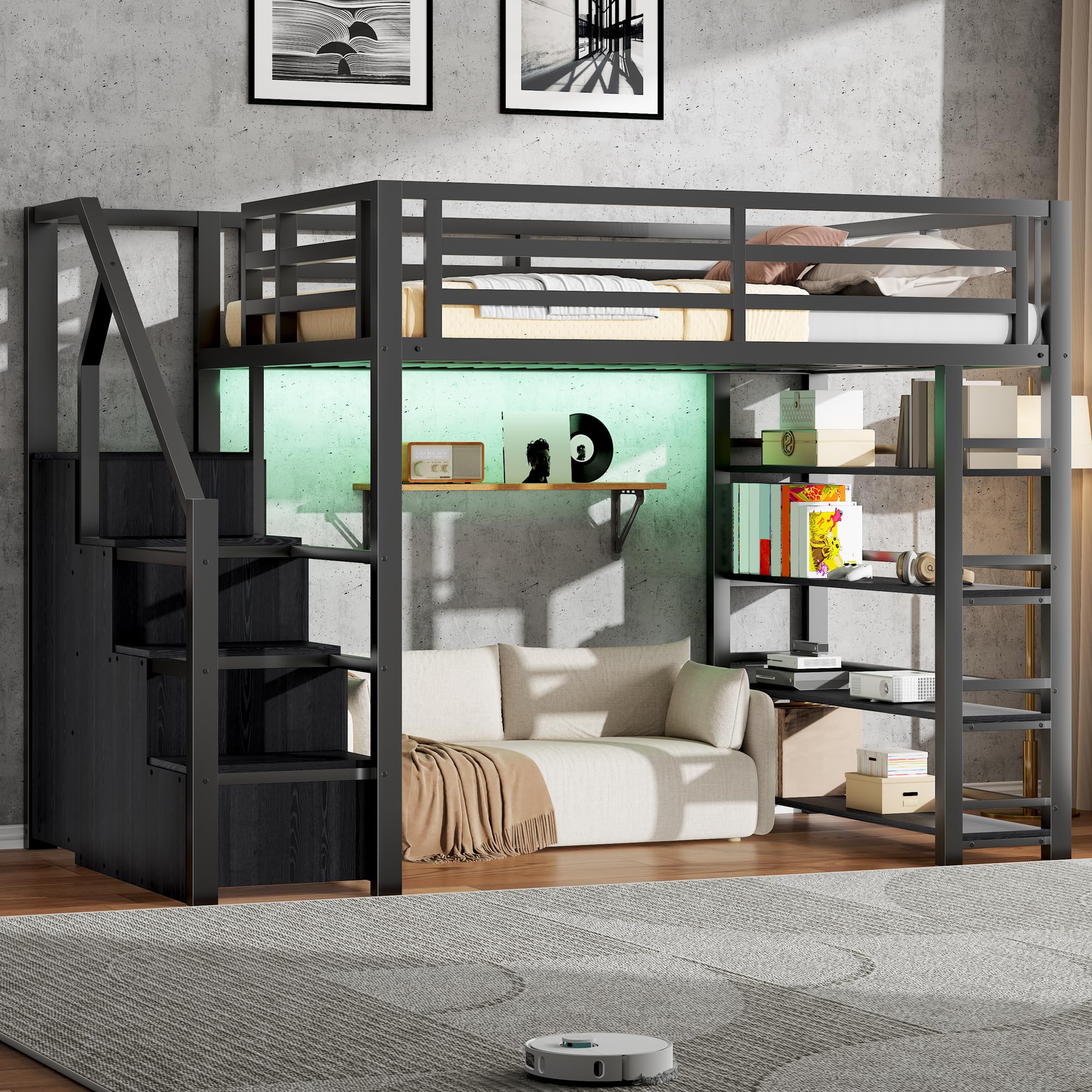 BTM Jugendbett 140 x 200 cm Metall LED Hochbett mit Schreibtisch und Schrank, Kinder Hochbett mit Treppe, Schwarz