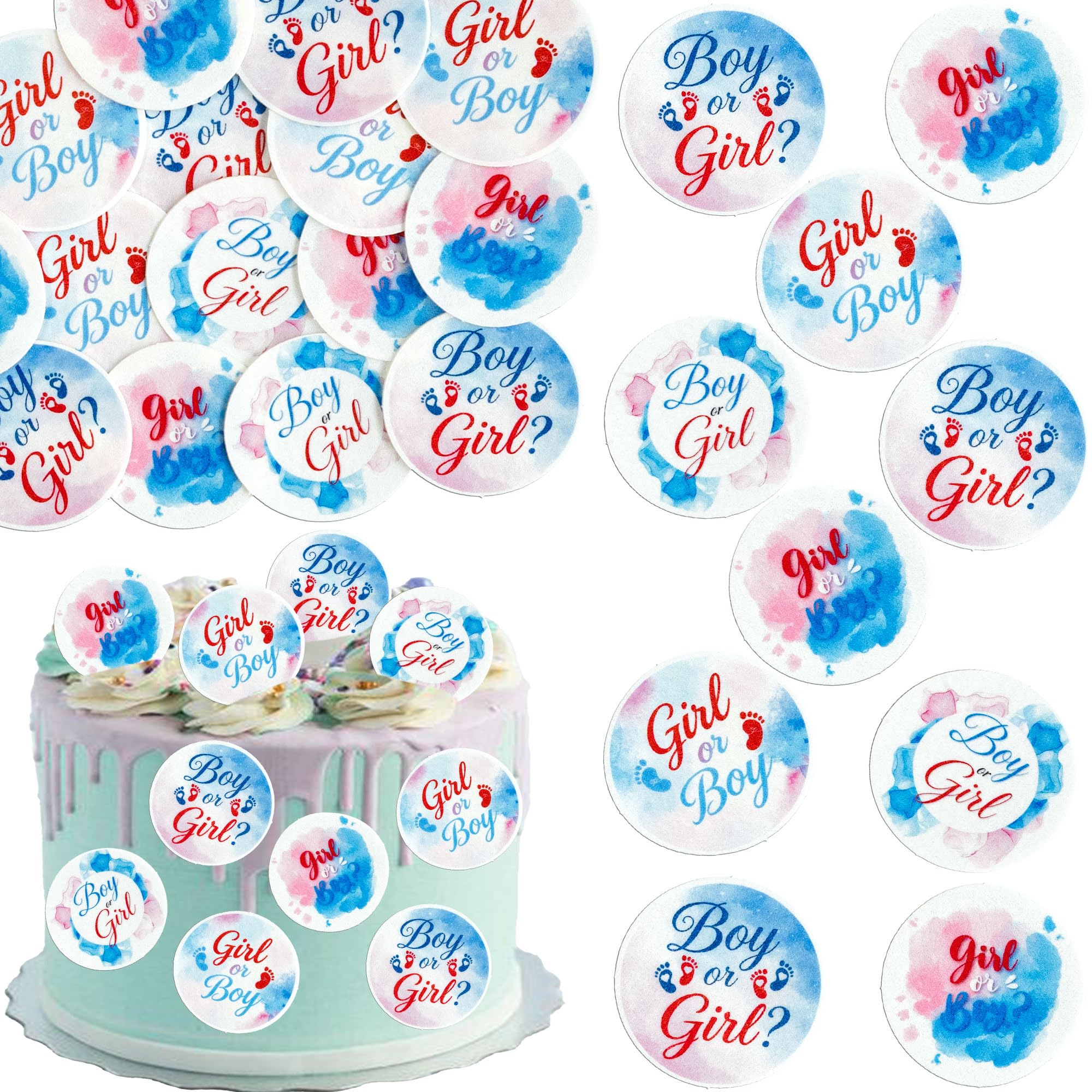 Ephlyn 48Pcs Edible Boy or Girl Cupcake Toppers Gender Reveal Cupcake Picks for Gender Reveal Baby Shower Birthday Party Cake Decorations Supplies Blue Pink