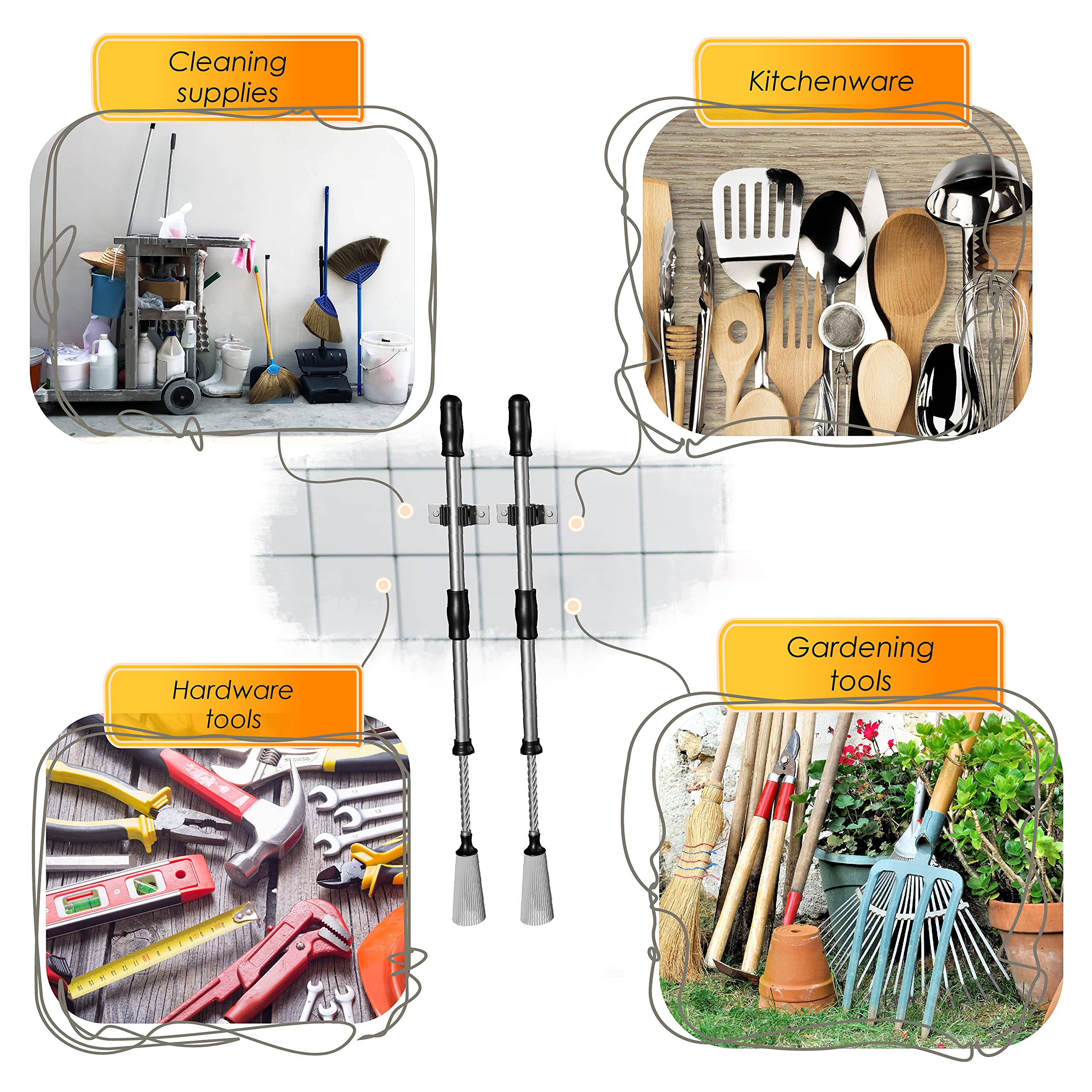 Besen- und Wischmopphalter zur Wandmontage, robuster SUS304 Edelstahl, Schraube und Klebstoff, Besenaufhänger, Organizer, Aufbewahrung für Waschküche, Garten, Garage (schwarz, 6 Stück)
