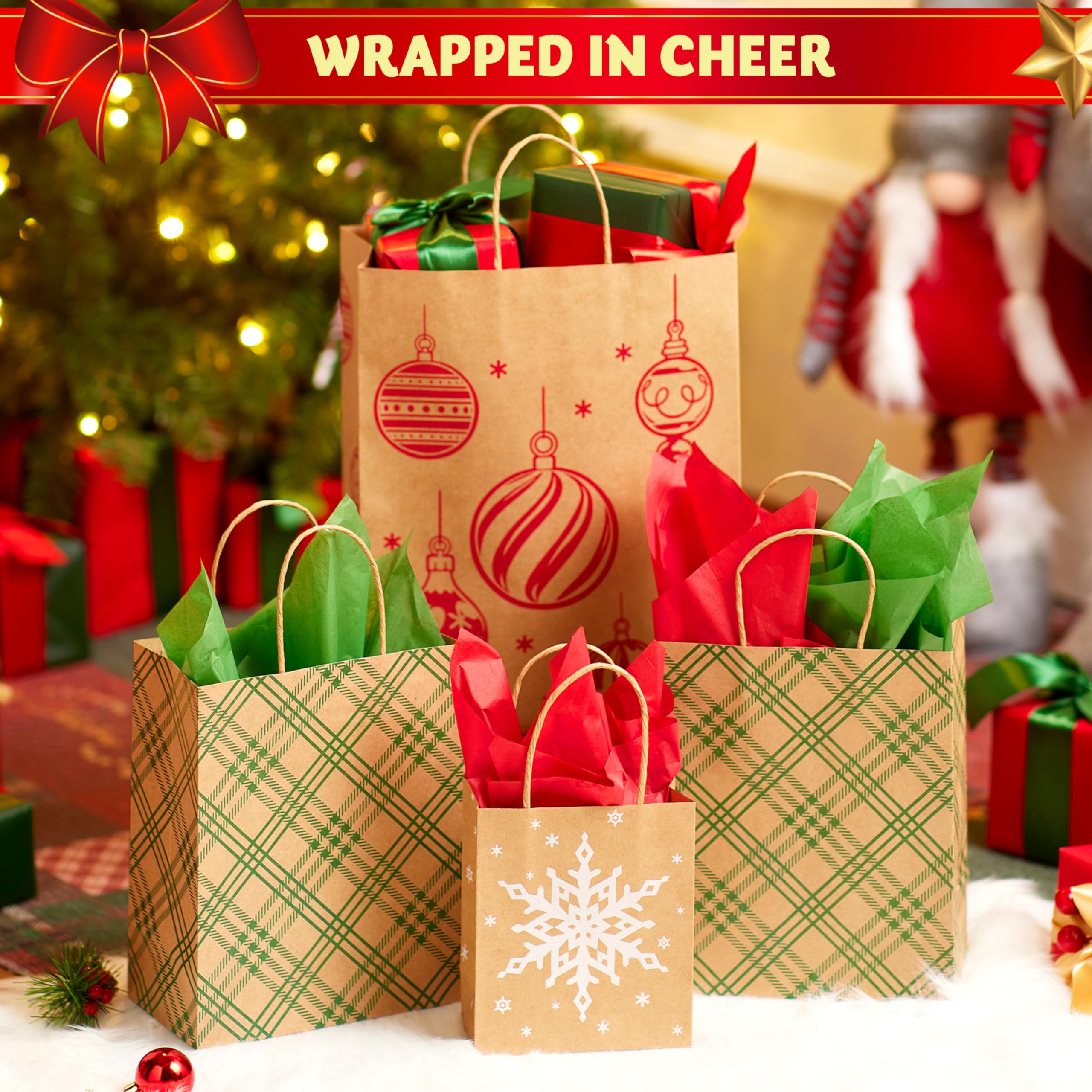 JOYIN Lot de 24 sacs cadeaux de Noël en papier kraft de tailles assorties, sacs d'emballage réutilisables avec poignées pour fête, anniversaire, festival, salle de classe, friandises, bonbons et