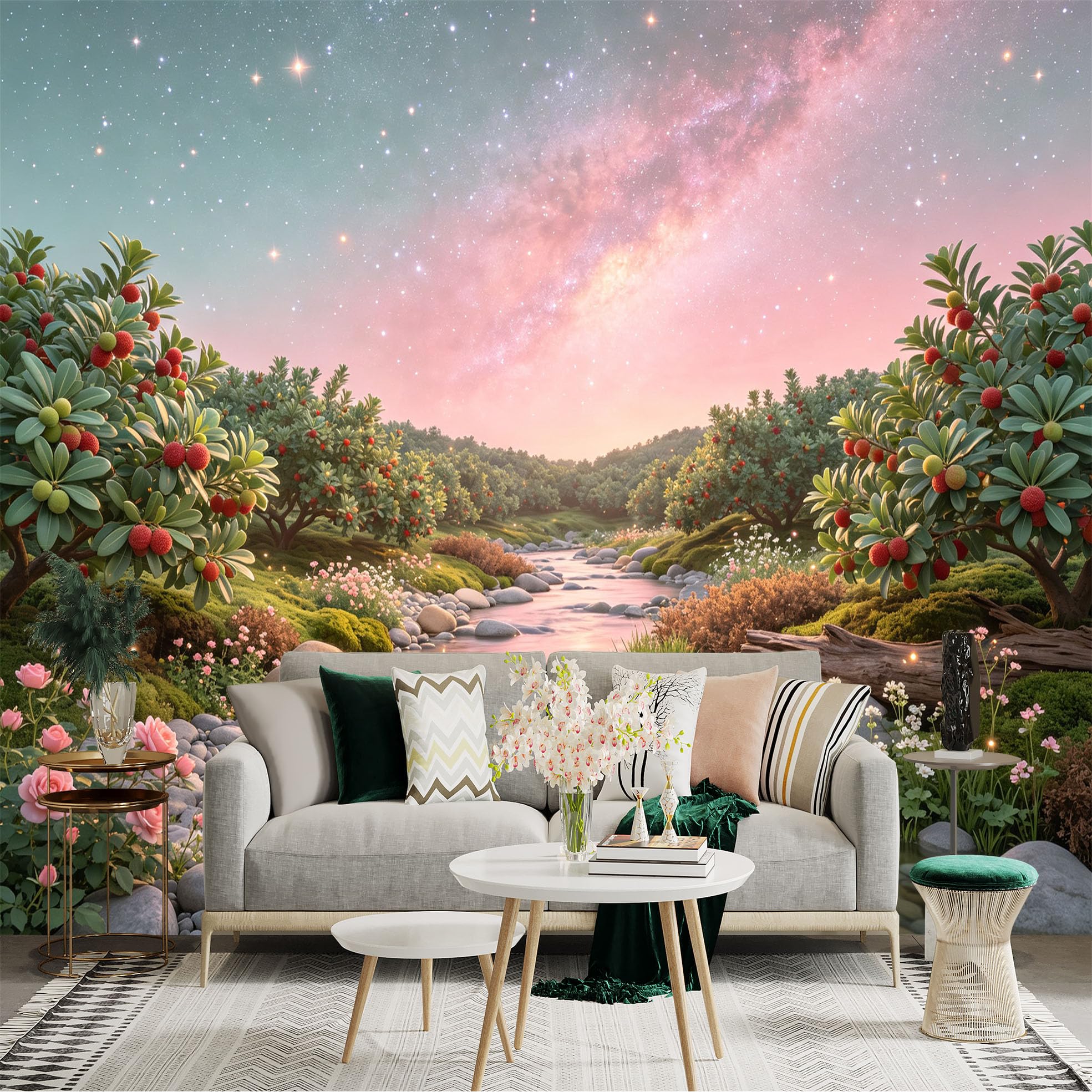 Lnzczhyre Bh260719003 Custom Size Wall Sticker Mural， Fruit Trees By Peaceful Stream， Soft Pink Galaxy Sky， Blooming Flowers， For Wall Decoration， Peelandstick Wall Decals.