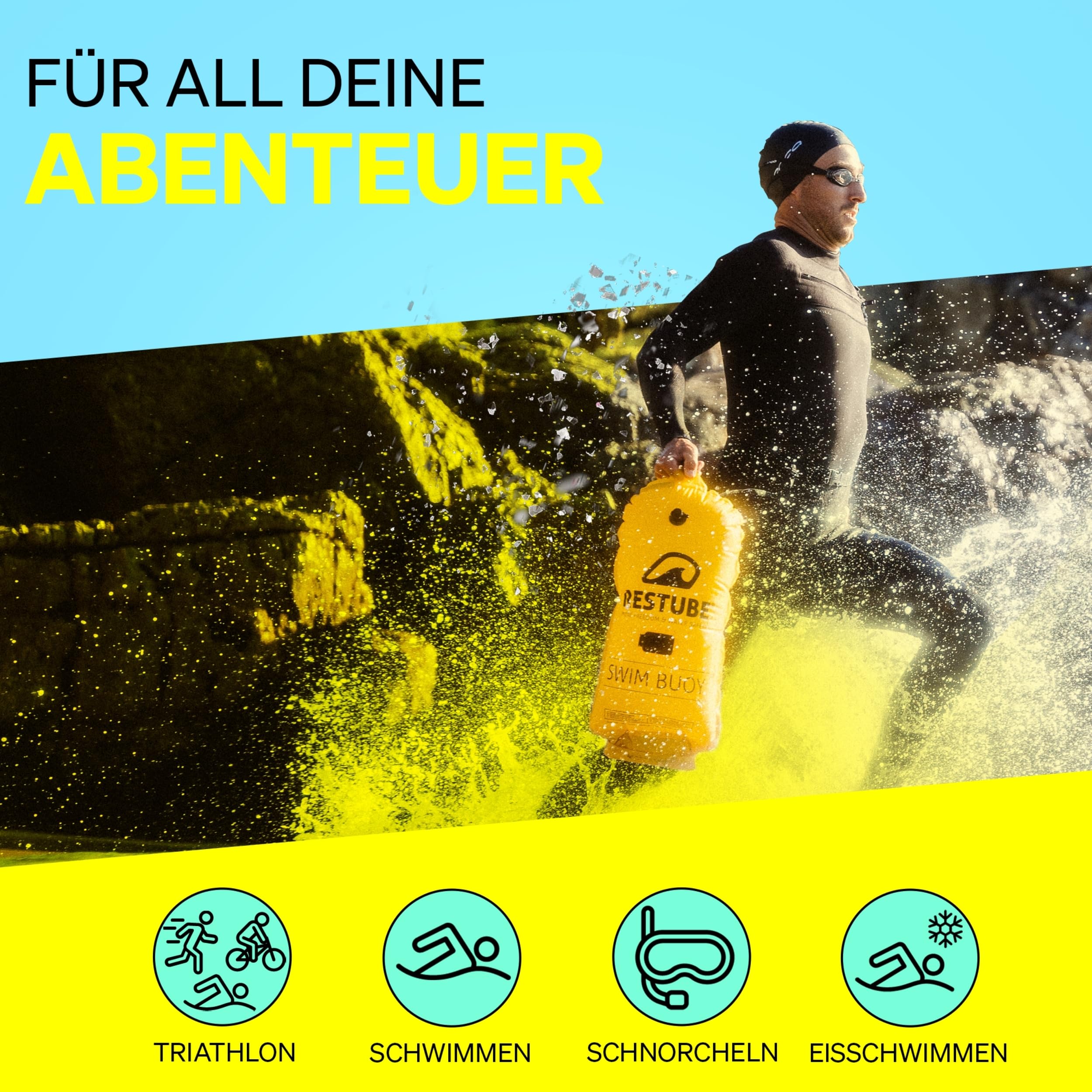 Restube Schwimmboje - Aufblasbare Schwimmhilfe für Schwimmen, Schnorcheln, Triathlon, SUP, Freiwasserschwimmen und Wildschwimmen - Kompakte gut sichtbare Boje Swimming Buoy für Kinder und Erwachsene