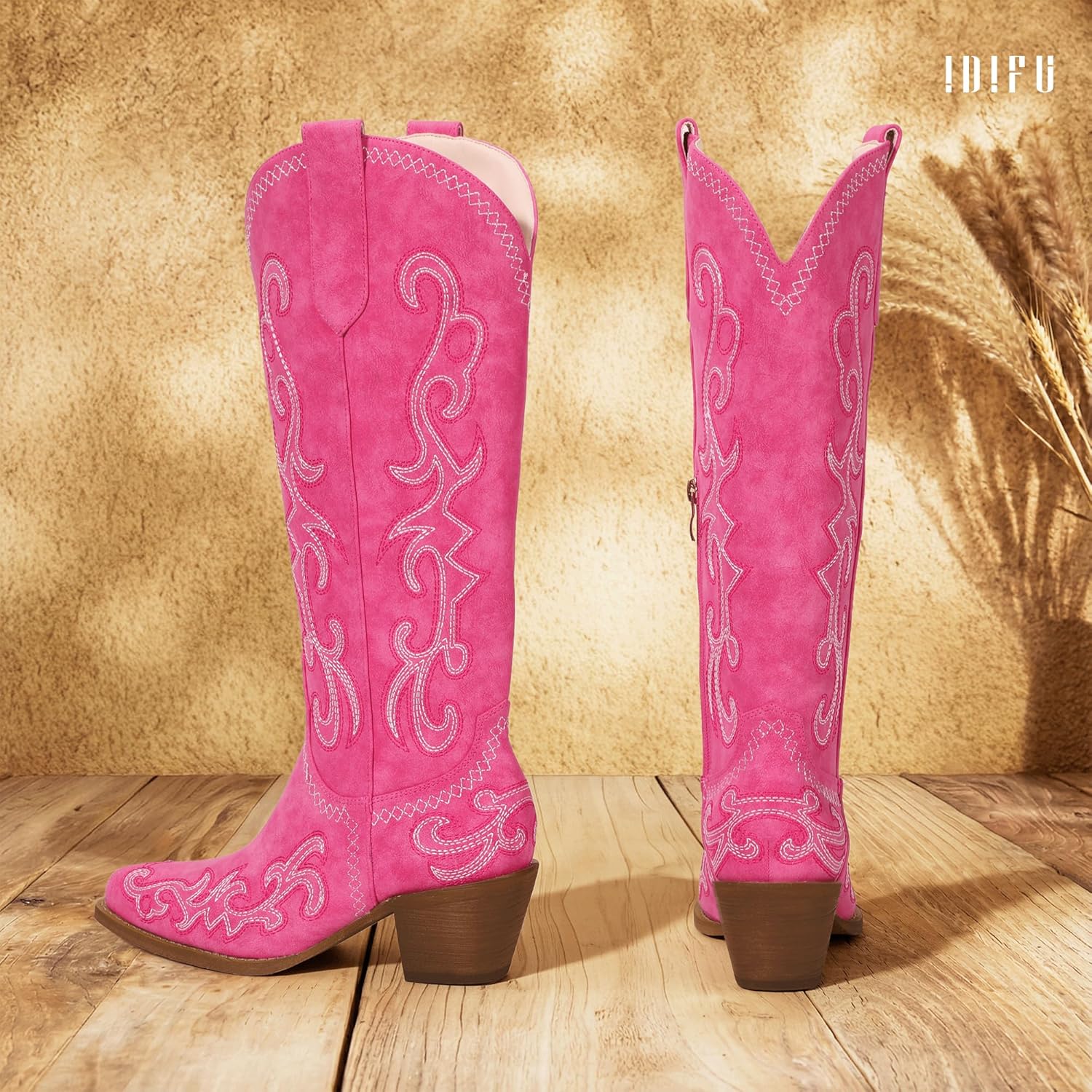 IDIFU IN2 Cowboy Boots for Women Western Cowgirl Knee High Long Boots Low Chunky Block Heel Pointed Toe Fashion Dressy Embroidered Wedding Country Concert Heeled Boots