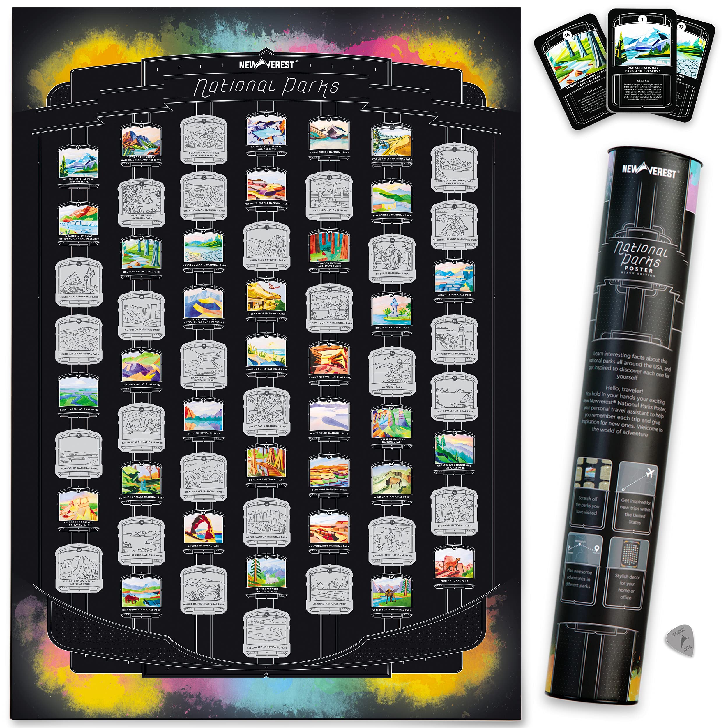Newverest US National Parks Scratch-off Poster, Detailed National Parks Map with Hand-Painted Images, Fits 17 x 24 Inch Frames, Includes 62 Info Cards, Microfiber Cloth, Scratch Tool, and Gift Tube