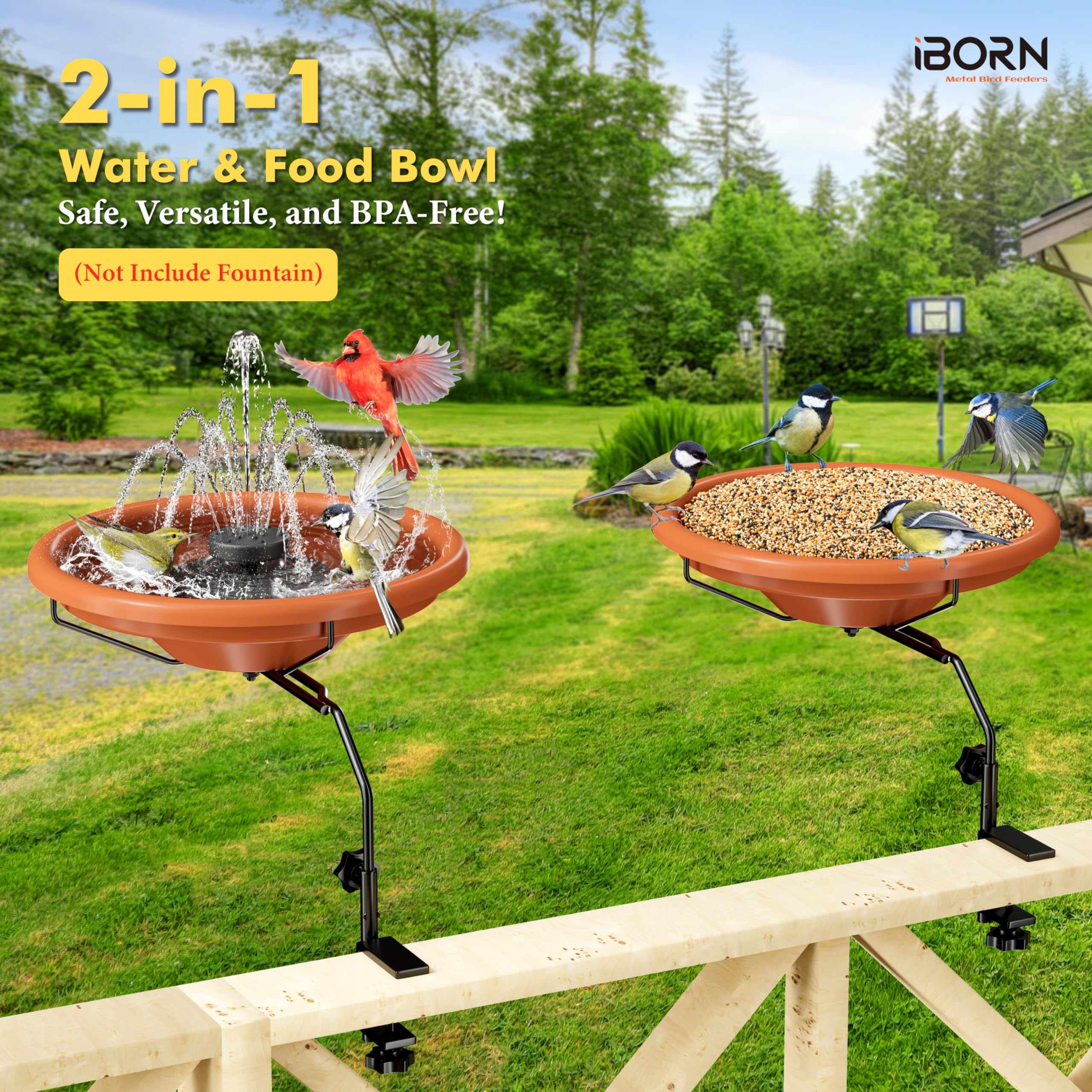 iBorn Bird Bath for Outside,Deck Mounted Bird Bath 12in，Birds Baths for Outdoors with Adjustable Clamp 3.2in，BPA-Free Bowl，360&deg;Swivel & Adjustable Height Bracket，Detachable Birds Baths, Pack of 1 - image 8