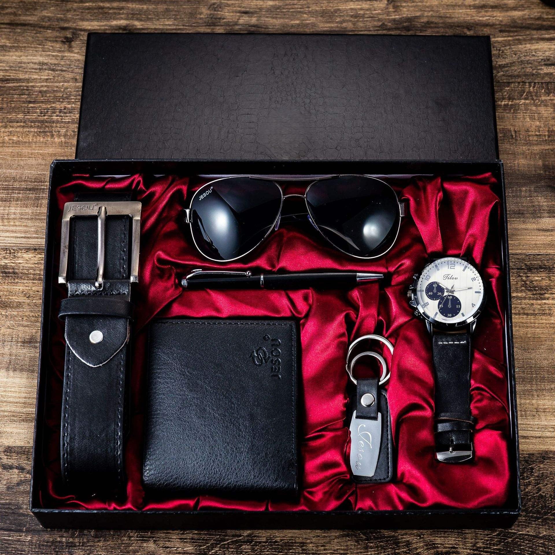 JS Collection - Set regalo da uomo per San Valentino, con orologio, portafoglio, cintura, occhiali da sole, penna, portachiavi, 6 pezzi, regalo perfetto per lui (nero)