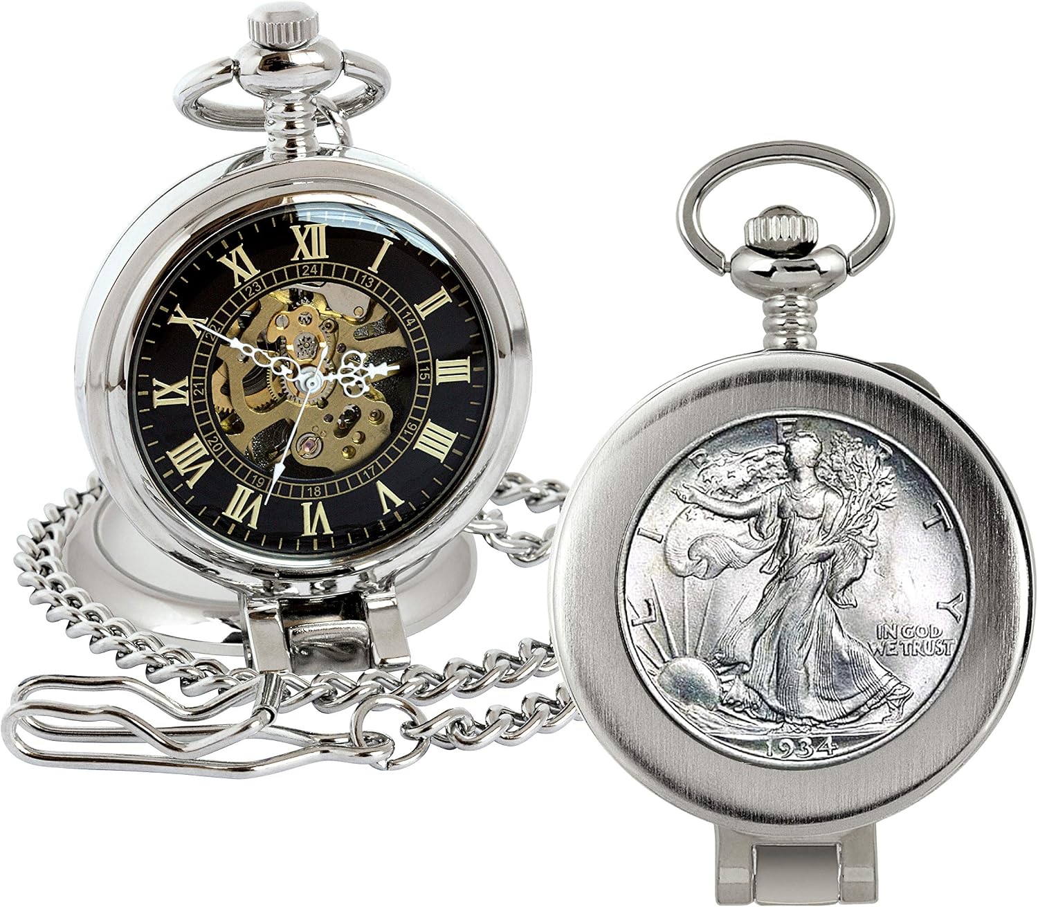 American Coin Treasures U.S. Coin Pocket Watch with Skeleton Movement | Silver Walking Liberty Half Dollar | Sweeping Second Hand, Magnifying Glass | Silvertone Case | Certificate of Authenticity