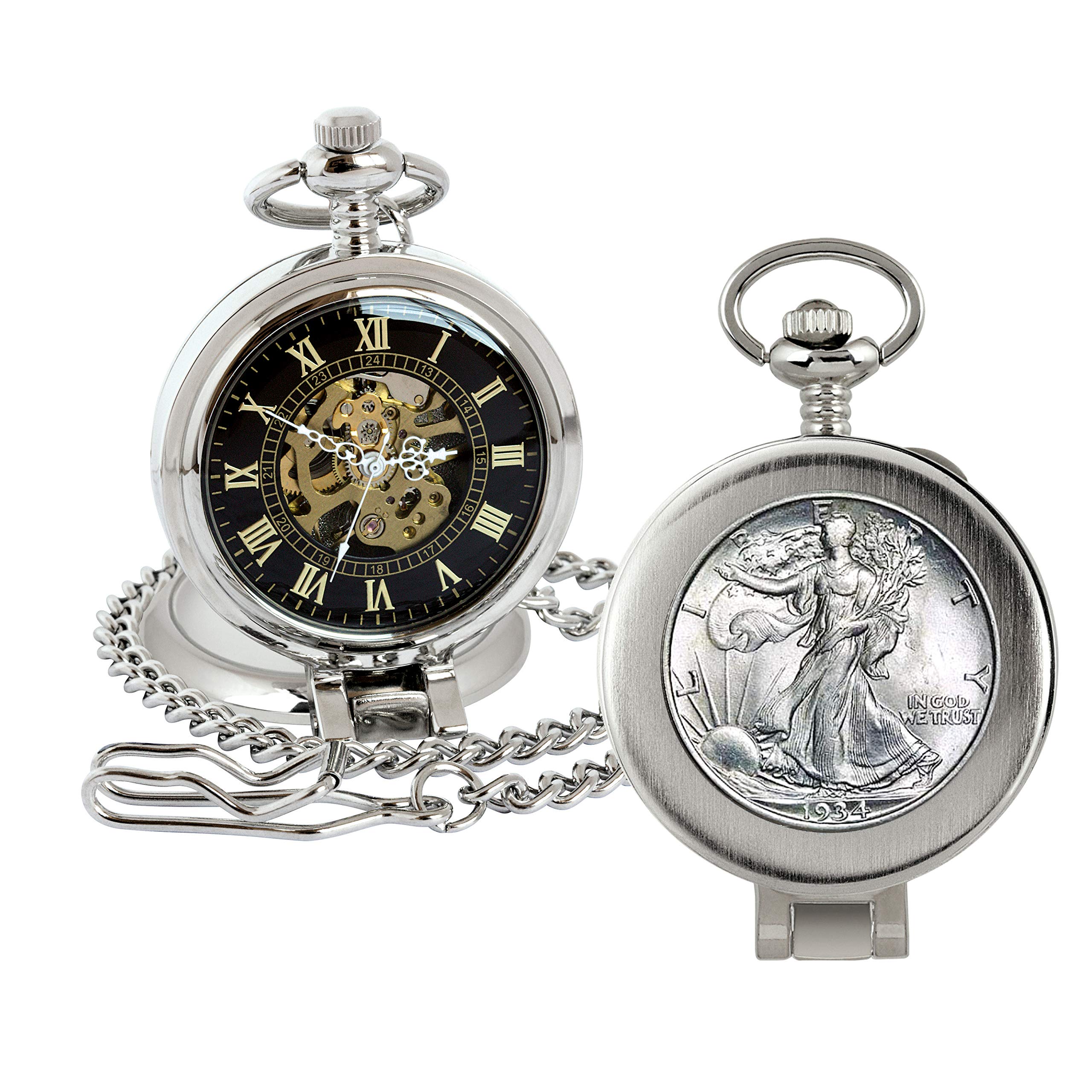 Coin Pocket Watch with Skeleton Movement | Silver Walking Liberty Half Dollar | Genuine U.S. Coin | 