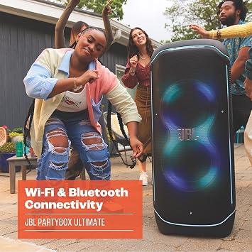 JBL PartyBox Ultimate Portable Speaker with Wi-Fi and Bluetooth Connectivity, IPX4 Splashproof with Built-In Lights Show, Black | Speaker with integrated lights and deep bass, waterproof IPX4 for outdoor, JBL App PartyBox and PartyPad