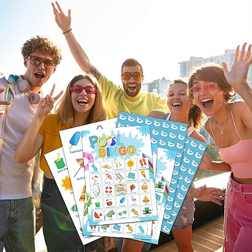 Miniatura 4 de OZTEMETY Juego de cartas de bingo para fiesta en la piscina, juego de bingo de verano para adultos, suministros de fiesta en la piscina, recuerdos,