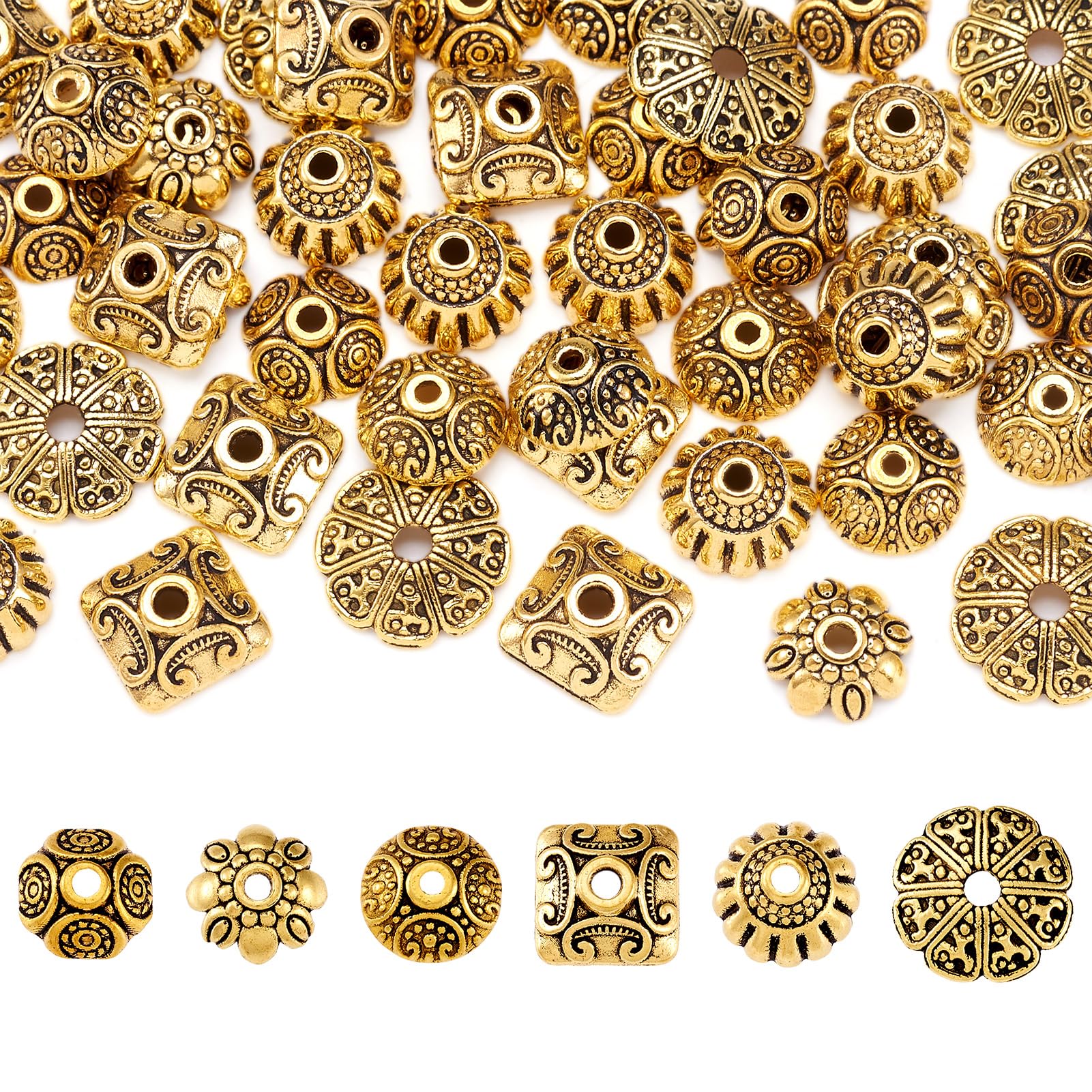 PandaHall 120pcs Tibetan Style Alloy Flower & Square Bead Caps 6 Styles Antique Golden Flower Metal Caps Spacer Beads for Jewelry Bracelet Necklace Making