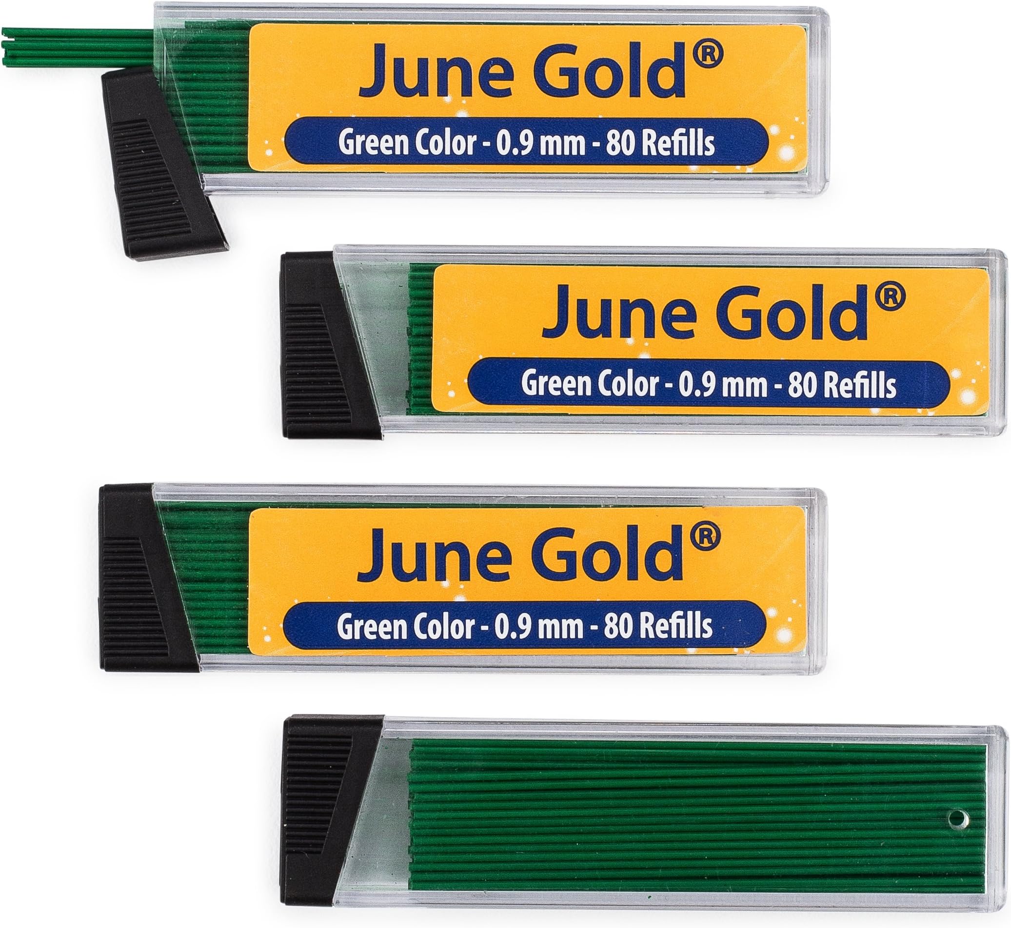 June Gold 320 Green Colored Lead Refills, 0.9 mm, Bold Thickness for Moderate Use, Break Resistant with Convenient Dispensers