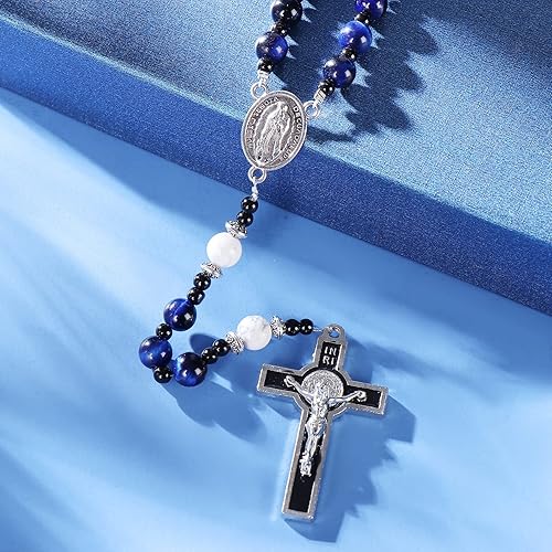 Miniatura 3 de Rosario de cuentas católicas hechas a mano de 0.315 pulgadas para hombre, collar de rosario negro grande con medalla milagrosa, rosarios, regalos