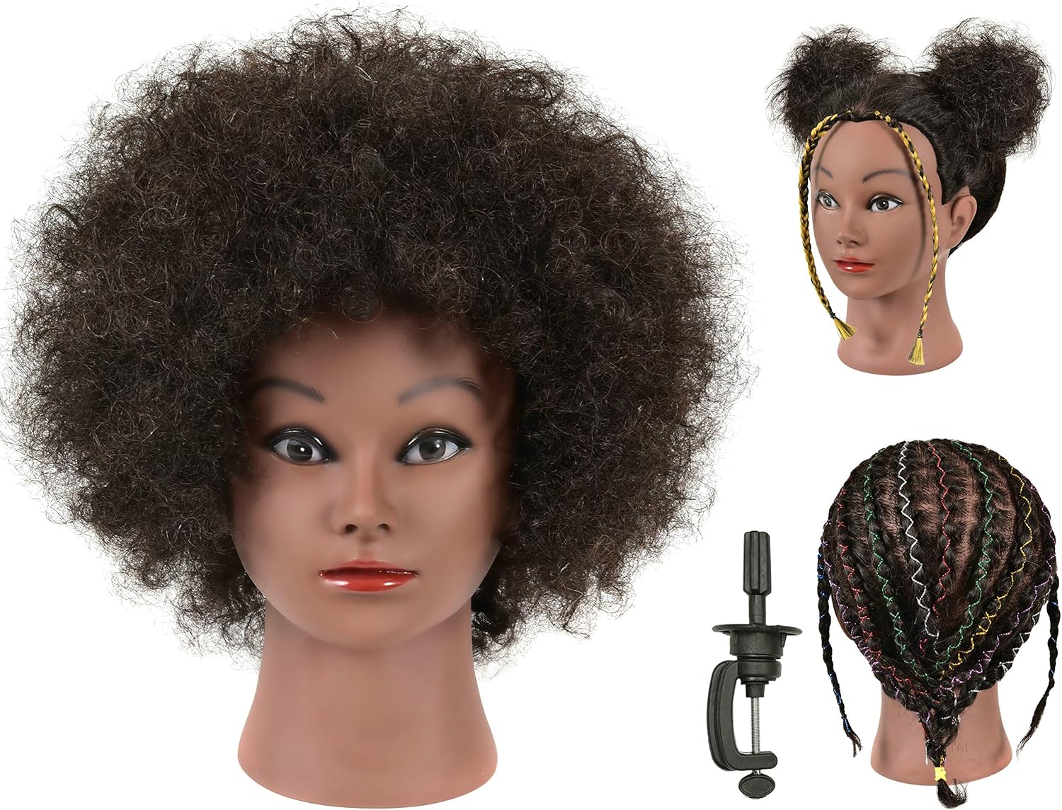 FUTAI Kinky Curly Mannequin Head 100% Human Hair Manikin Doll Style Head for African American Braiding Styling Updos Practice Cosmetology Barber Training Display with Stand