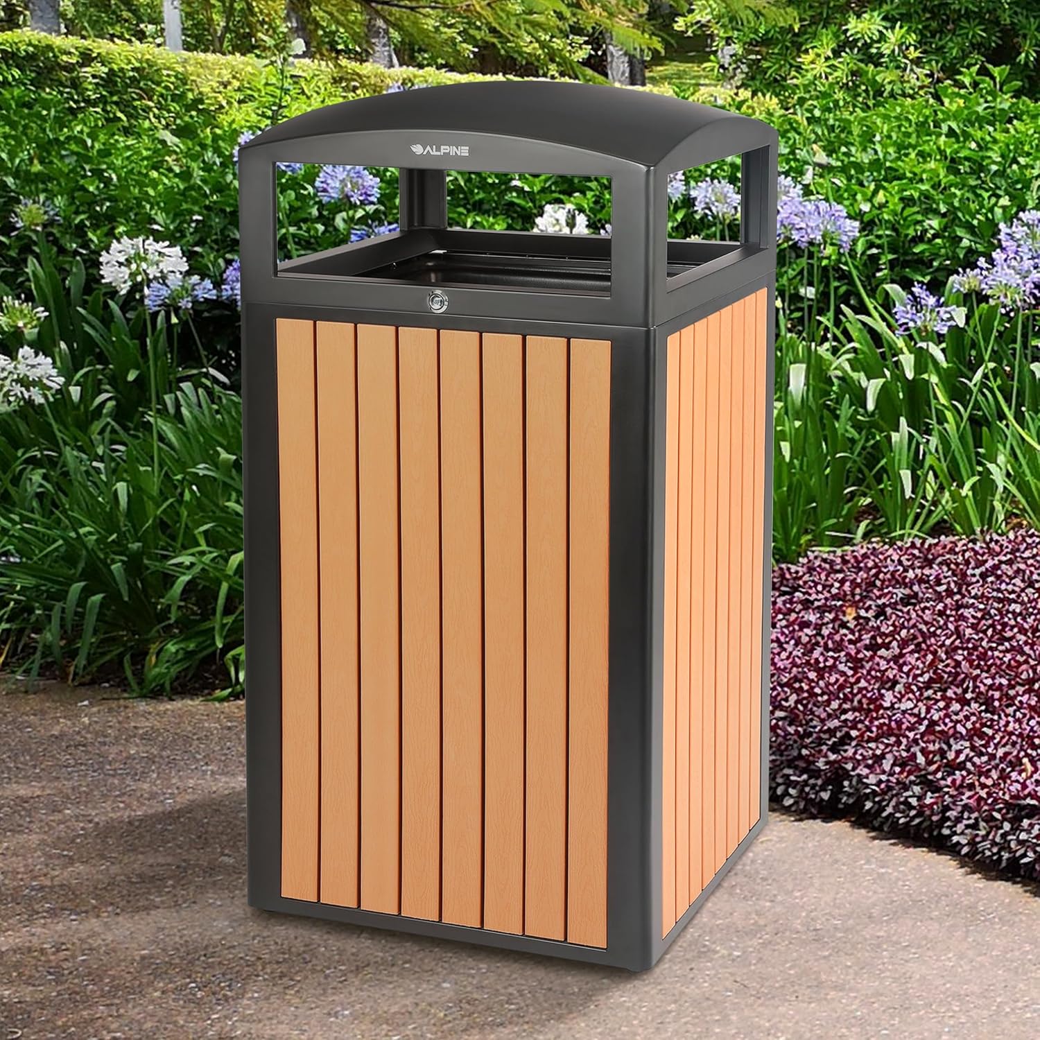 Alpine 40 Gallon Commercial Outdoor Trash Can with Lid - Modern Heavy Duty Large Outdoor Garbage Can with Durable Plastic Bin, Slatted Recycled Plastic Panels for Parks, Trails & Resorts (CD)