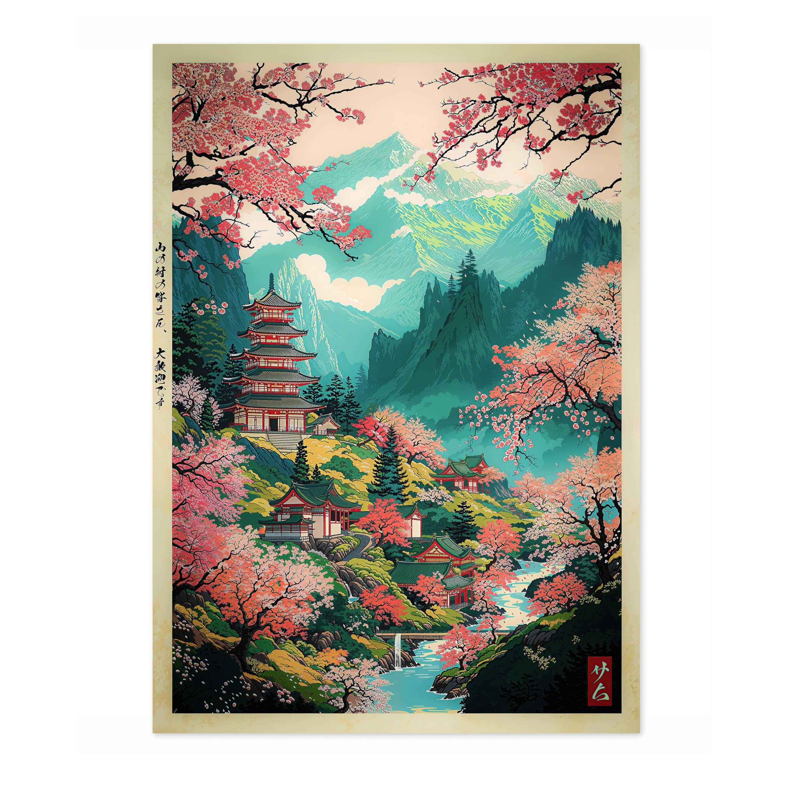 Animato Pagoda At Mount Yoshino Anime Woodblock Poster Modern Ukiyo-E, Japanese Cartoon Illustration Print, Archival Matte, A5 (Print Only) - 21x14.8cm